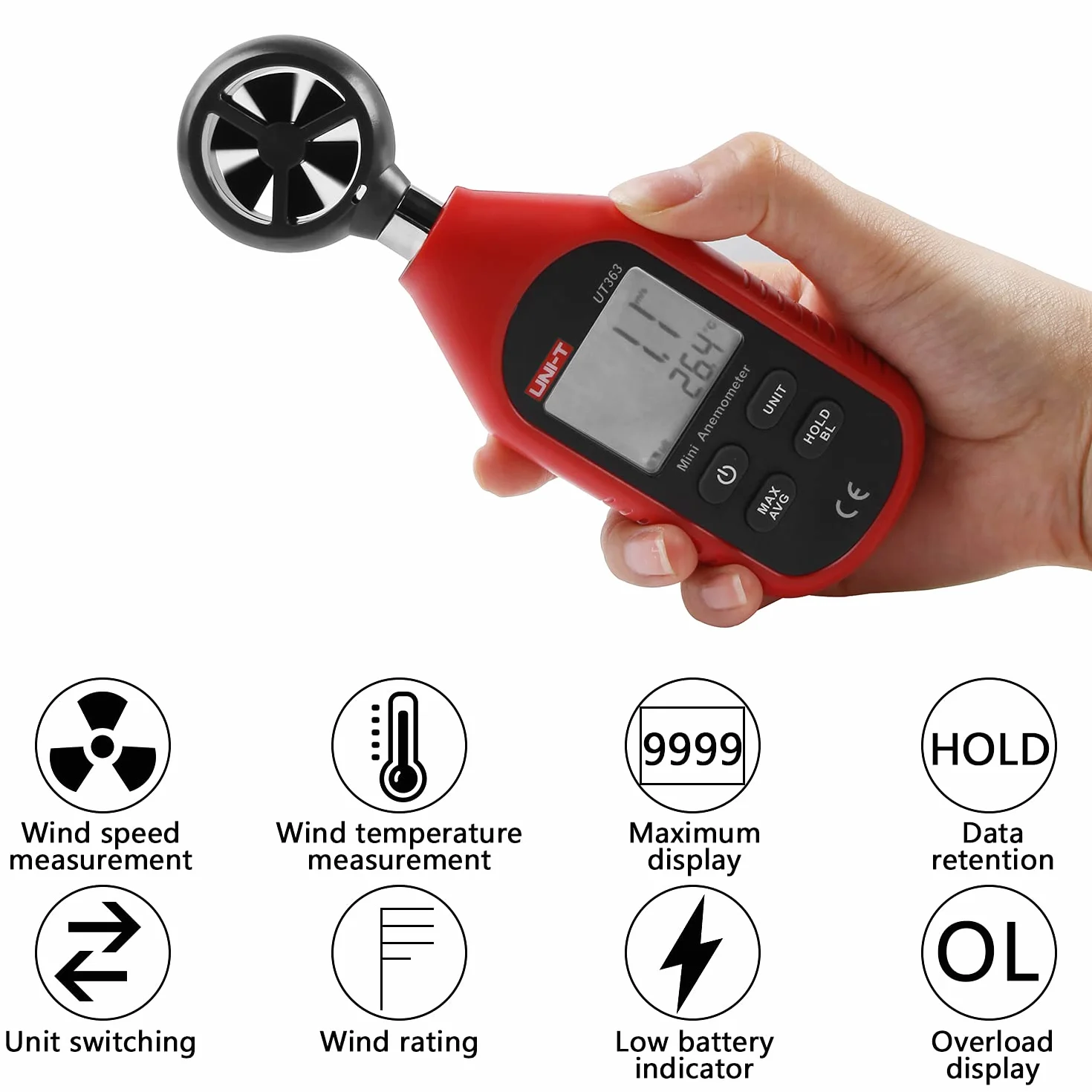 UNI-T UT363 Digitale LCD Anemometro Misuratore Velocità Vento 0-30m/s Temperatura C/F