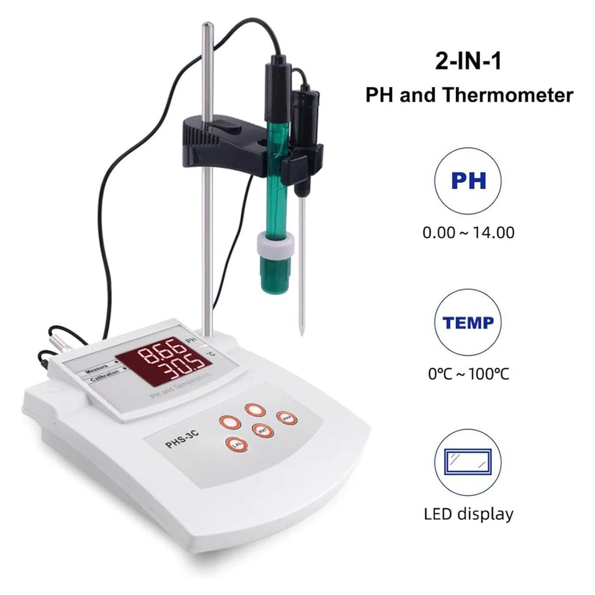 Misuratore di pH da laboratorio da tavolo, misuratore di pH da tavolo con calibrazione automatica dell'acidità, misuratore di acidità da tavolo con calibrazione automatica, precisione di pH ±0,01, cal