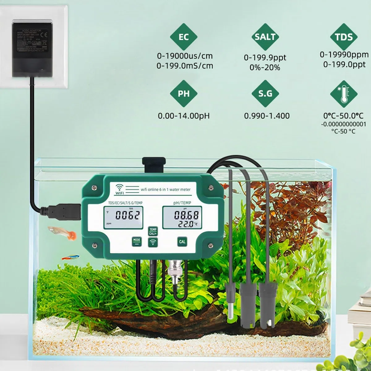 Misuratore di Qualità Dell'acqua Ad Alta Precisione 6 in 1 PH TDS EC SG Tester di Temperatura del Sale Connessione WiFi Rilevatore di Qualità Dell'acqua per Acqua Potabile(Spina UE)