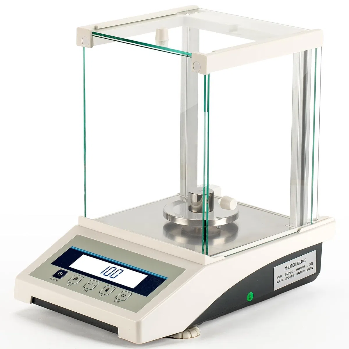 Bilancia analitica di precisione con accuratezza di 0,1 mg/0,0001 g e capacità di 110 g, dotata di funzione di pesatura a velocità regolabile, conteggio, conversione unità e interfaccia RS232. Proge