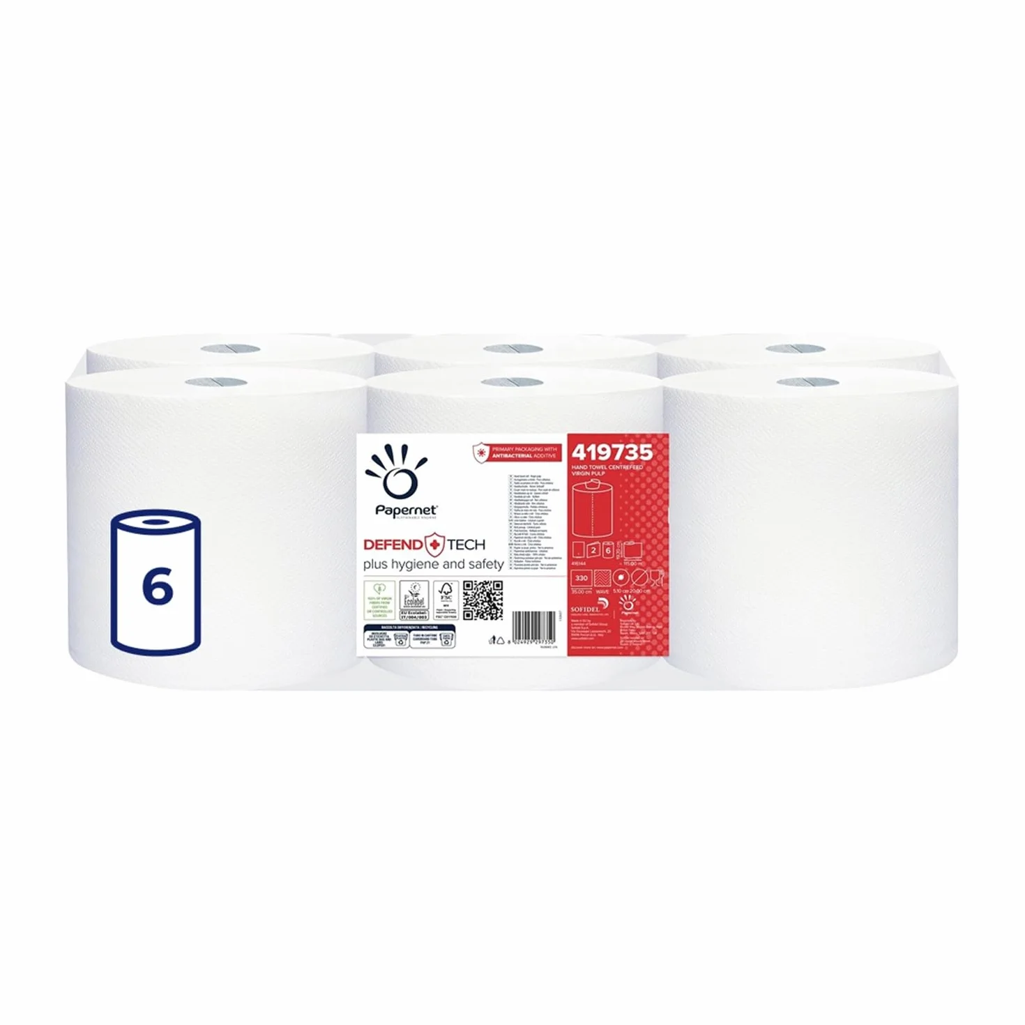 Papernet Defend Tech Asciugamano in Rotolo Centrefeed 6 Rotoli Carta Cellulosa 115m Antibatterica 2 Veli 330 Strappi 19,7x35cm
