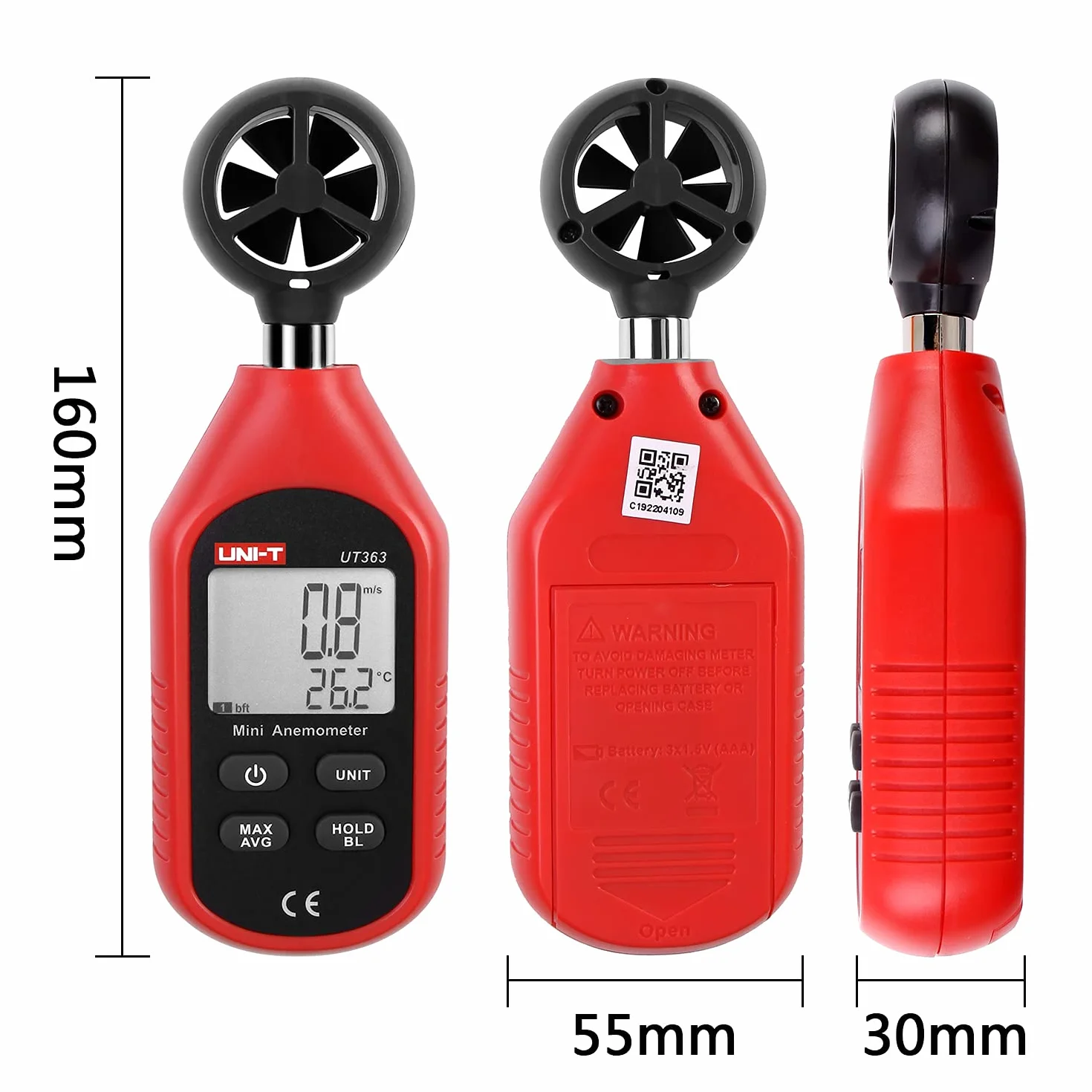 UNI-T UT363 Digitale LCD Anemometro Misuratore Velocità Vento 0-30m/s Temperatura C/F