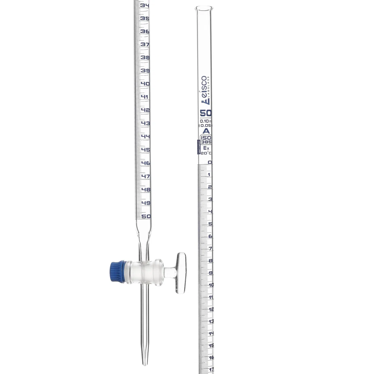Classe A - Buretta borosilicata da 50 ml – Graduazioni 0,1 ml – Tolleranza 0,05 ml – Chiave in vetro (liscio) rubinetto – 77,5 cm di altezza