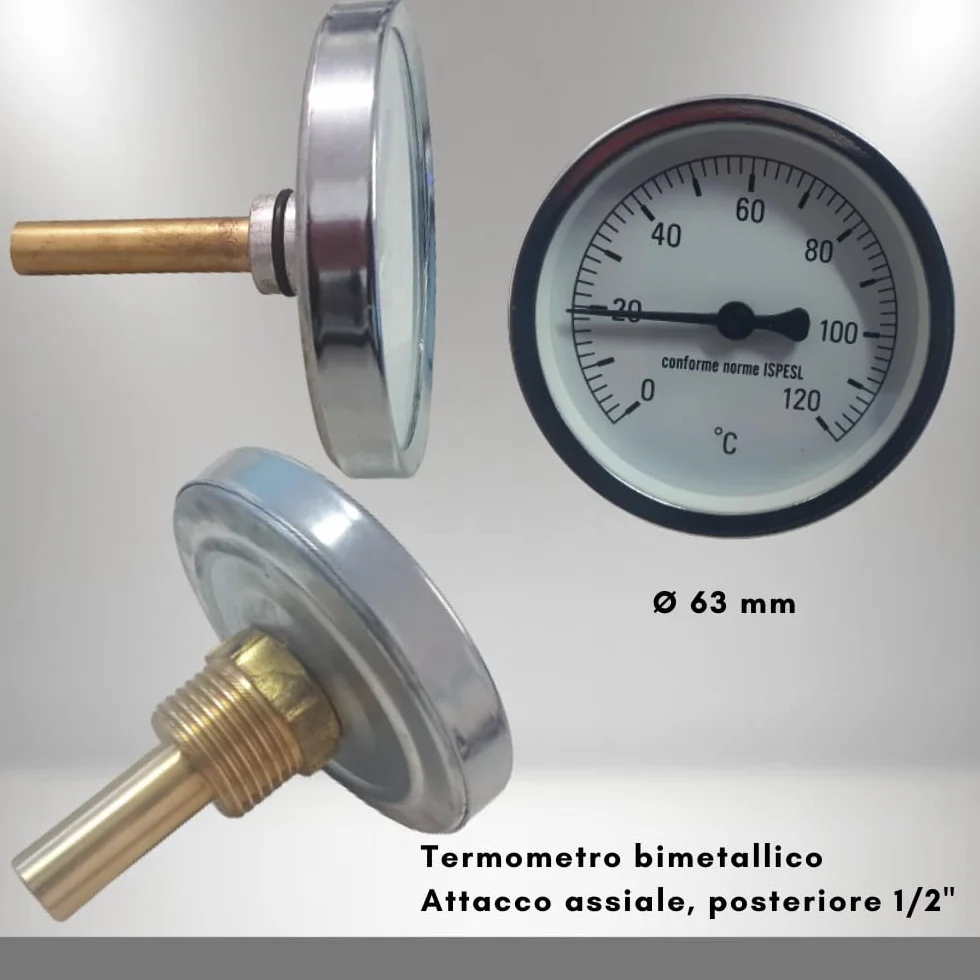 Termometro Bimetallico con Guaina Cassa inox Attacco Posteriore Assiale ad Immersione 1/2" Scala 0-120 °C Cassa 63 mm