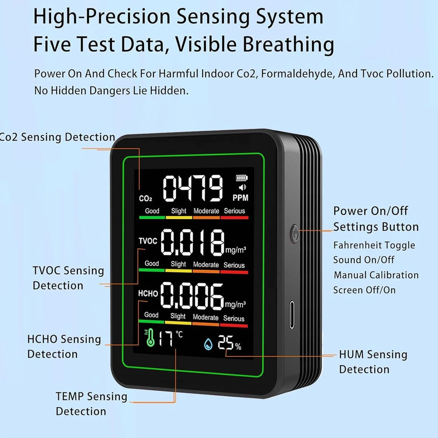 Tester professionale 5 in 1 qualità dell'aria interna, monitor CO2 con rilevamento TVOC formaldeide, misuratore temperatura umidità portatile