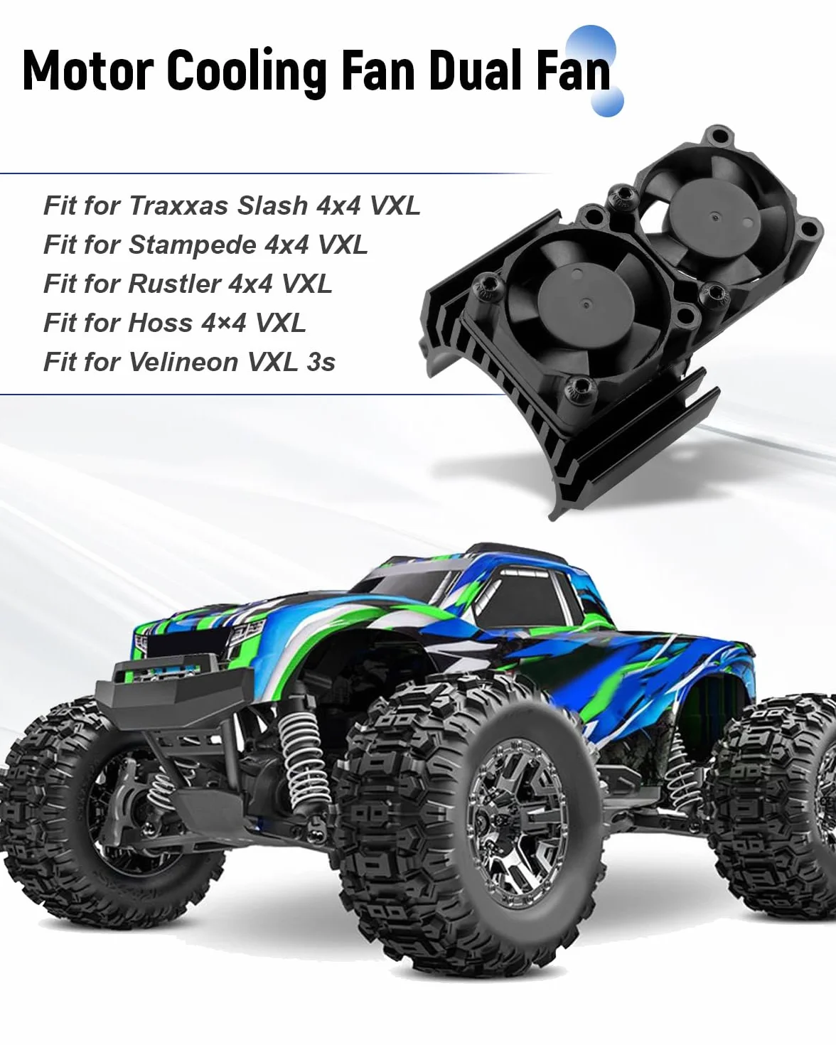Ventola di raffreddamento VXL-3s ESC e doppia ventola motore, adatta per Traxxas Slash 4 × 4 VXL/Rustler 4X4 VXL/Stampede 4X4 VXL/Hoss 4 × 4 VXL/Velineon VXL 3s, nero