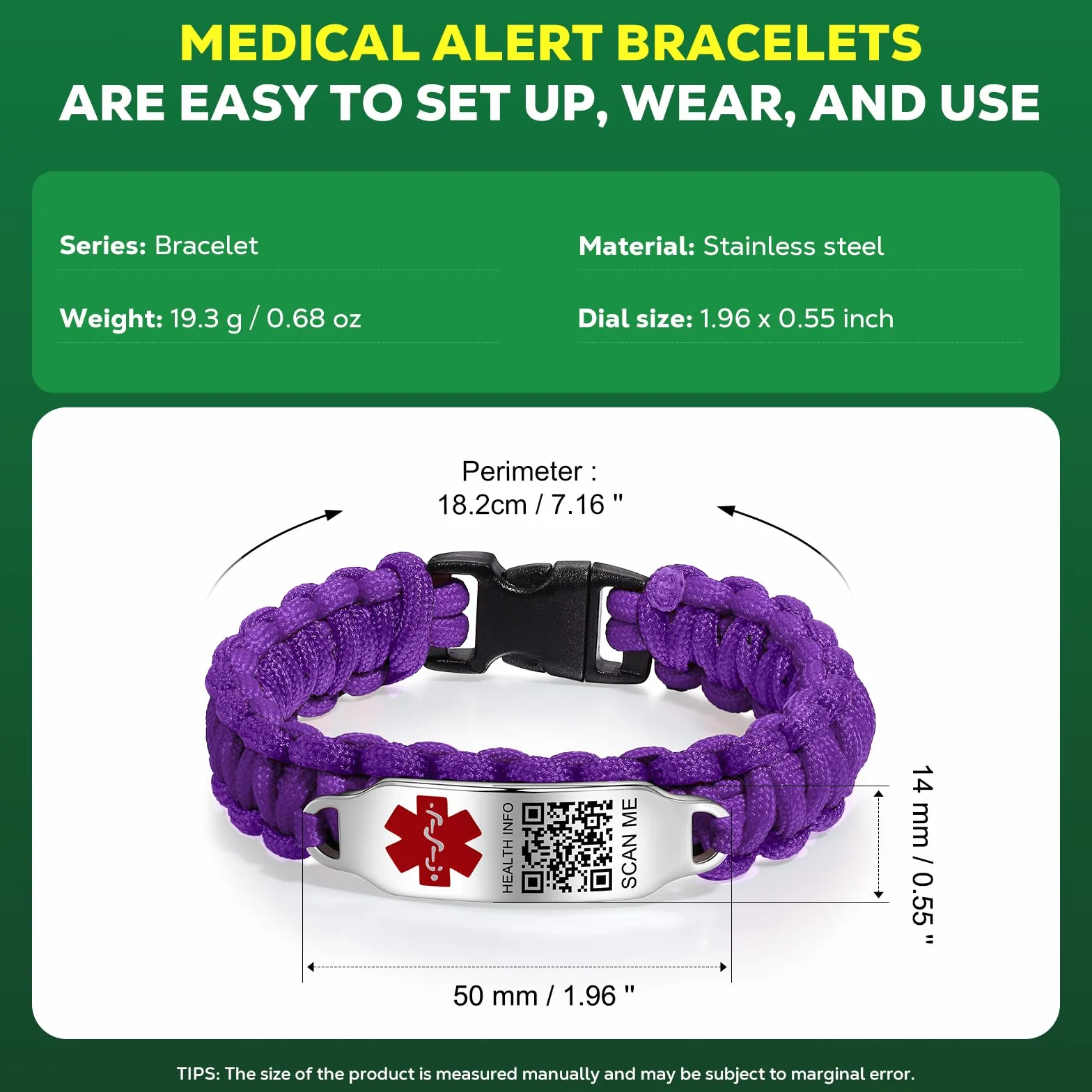 Bracciale medico migliorato da uomo e donna con codice QR, acciaio al titanio, per polsi fino a 20,3-25,4 cm, più spazio per personalizzazione (versione in lingua italiana non garantita)