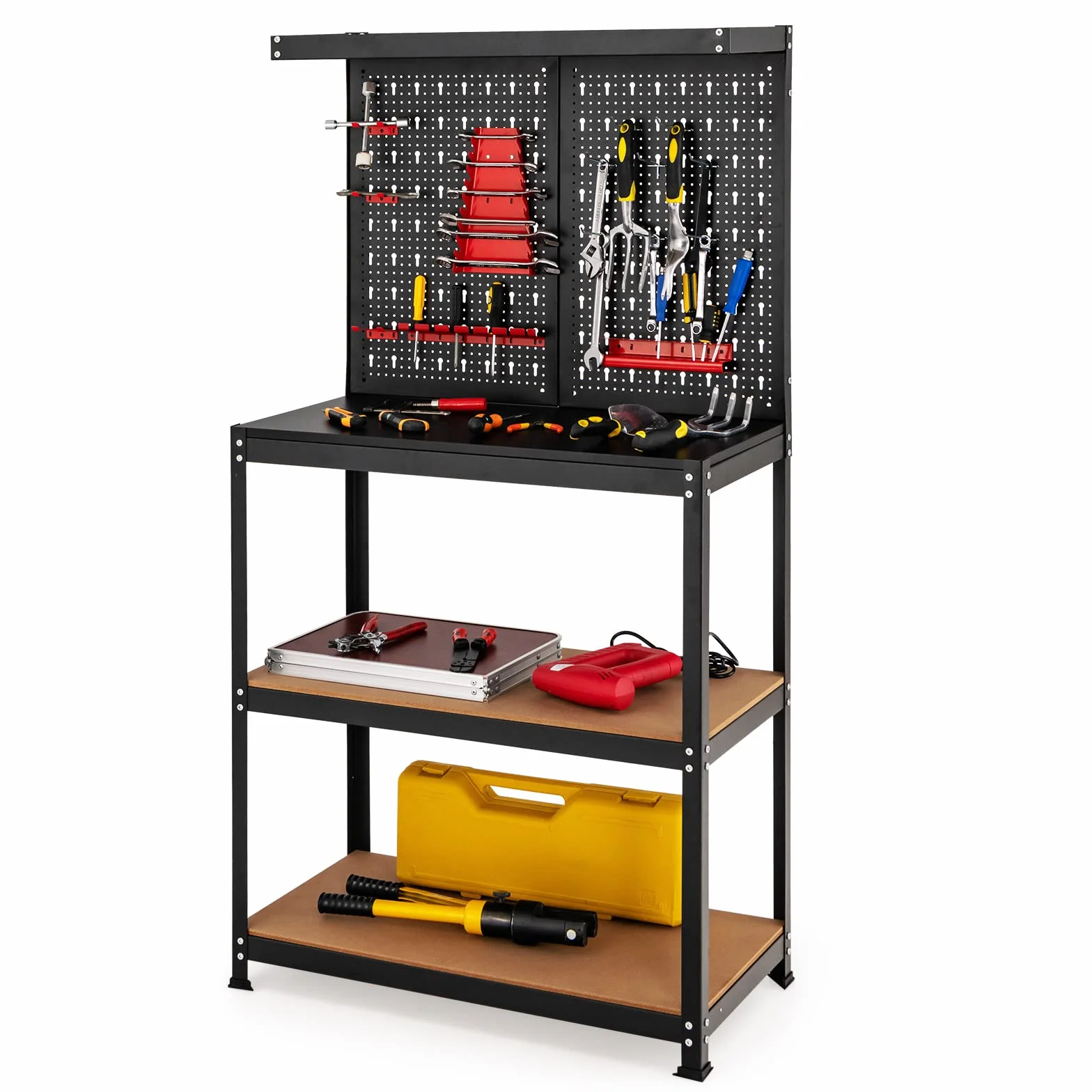 COSTWAY Banco da Lavoro, in Metallo e MDF, con 3 Ripiani, 13 Accessori da Appendere, 80,5 x 41x 155cm, per Garage, Casa, Officina e Magazzino