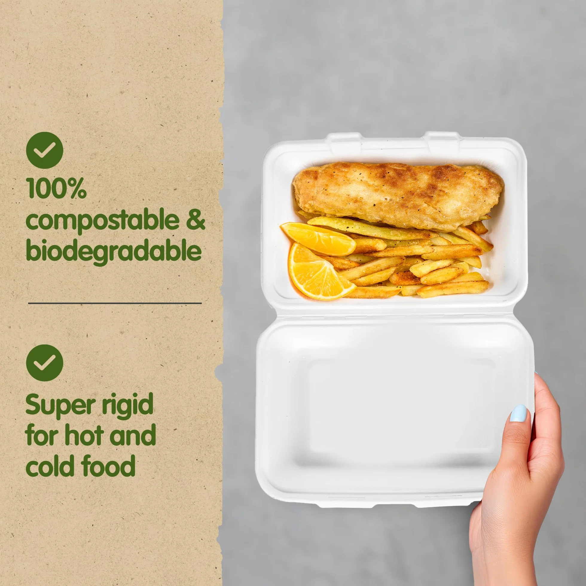 Bagasse Box da asporto scomparto 165 x 240 x 80 mm Set da 50 biodegradabile compostabile riciclabile