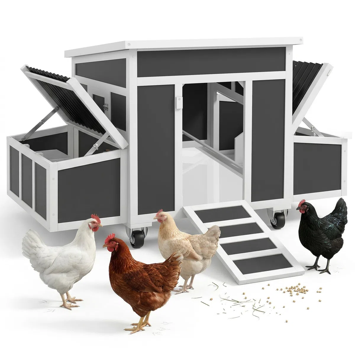 PawHut Pollaio in Legno con 2 Nidi, Ruote Grande Ø7.5cm, Pollaio per Galline Esterno con Tetto Ondulato Apribile Impermeabile, Vassoio Estraibile, Casetta per 2-4 Galline, Anatra, 147x94x90cm, Grigio
