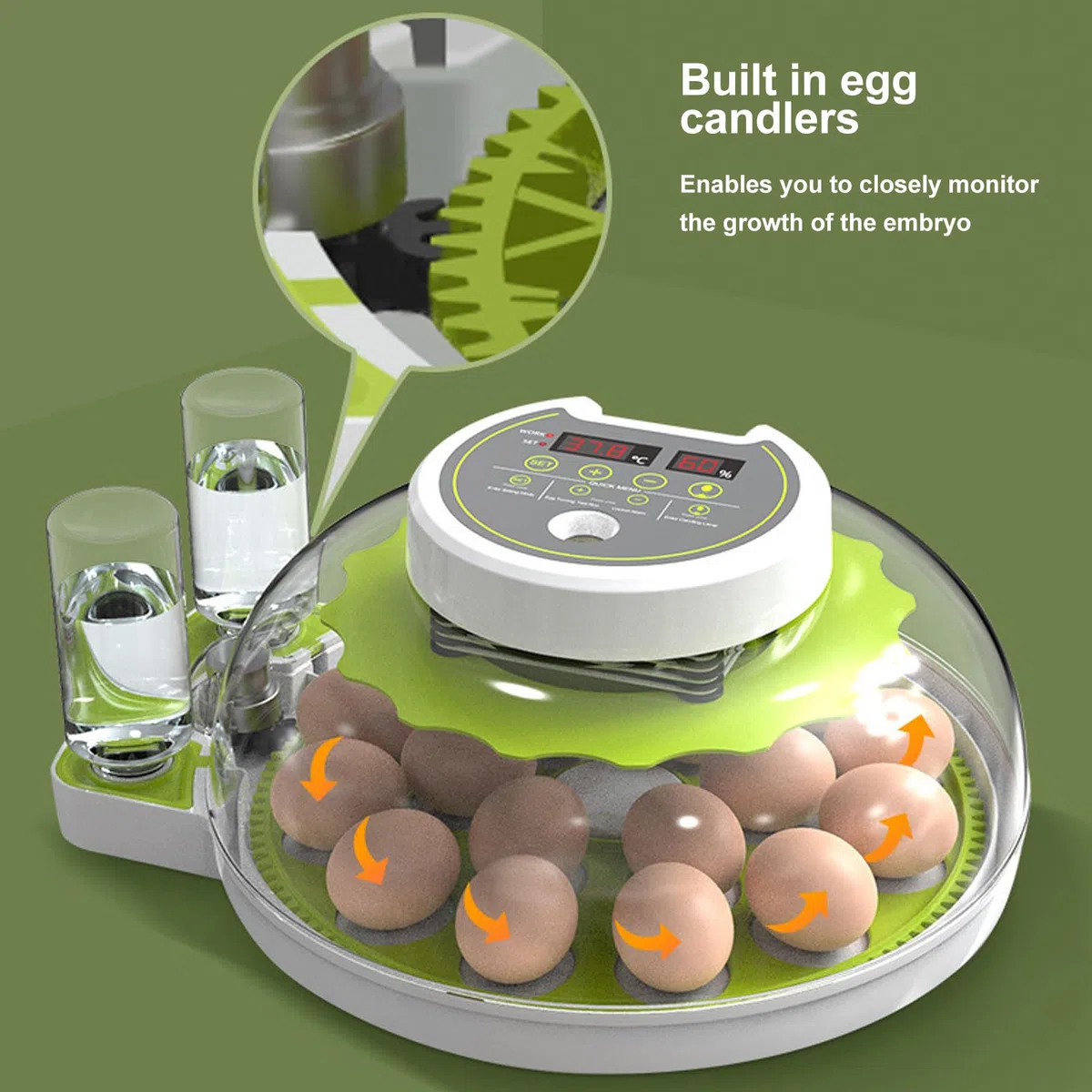 Incubatrice automatica per uova, temperatura e umidità stabili, Candele per uova integrate, Sistema di approvvigionamento idrico esterno, Turner automatico trasparente per uova di pollo, anatra, oca