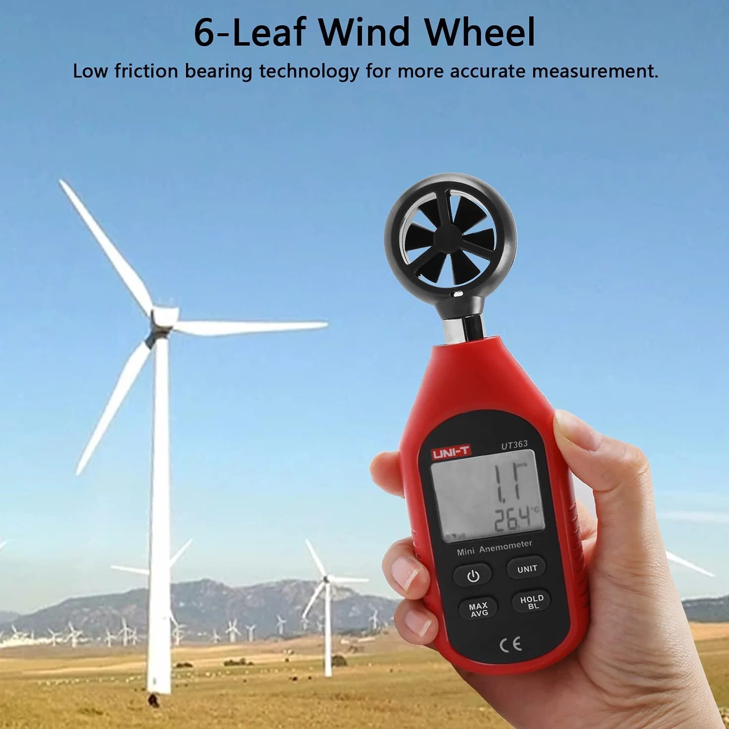 UNI-T UT363 Digitale LCD Anemometro Misuratore Velocità Vento 0-30m/s Temperatura C/F