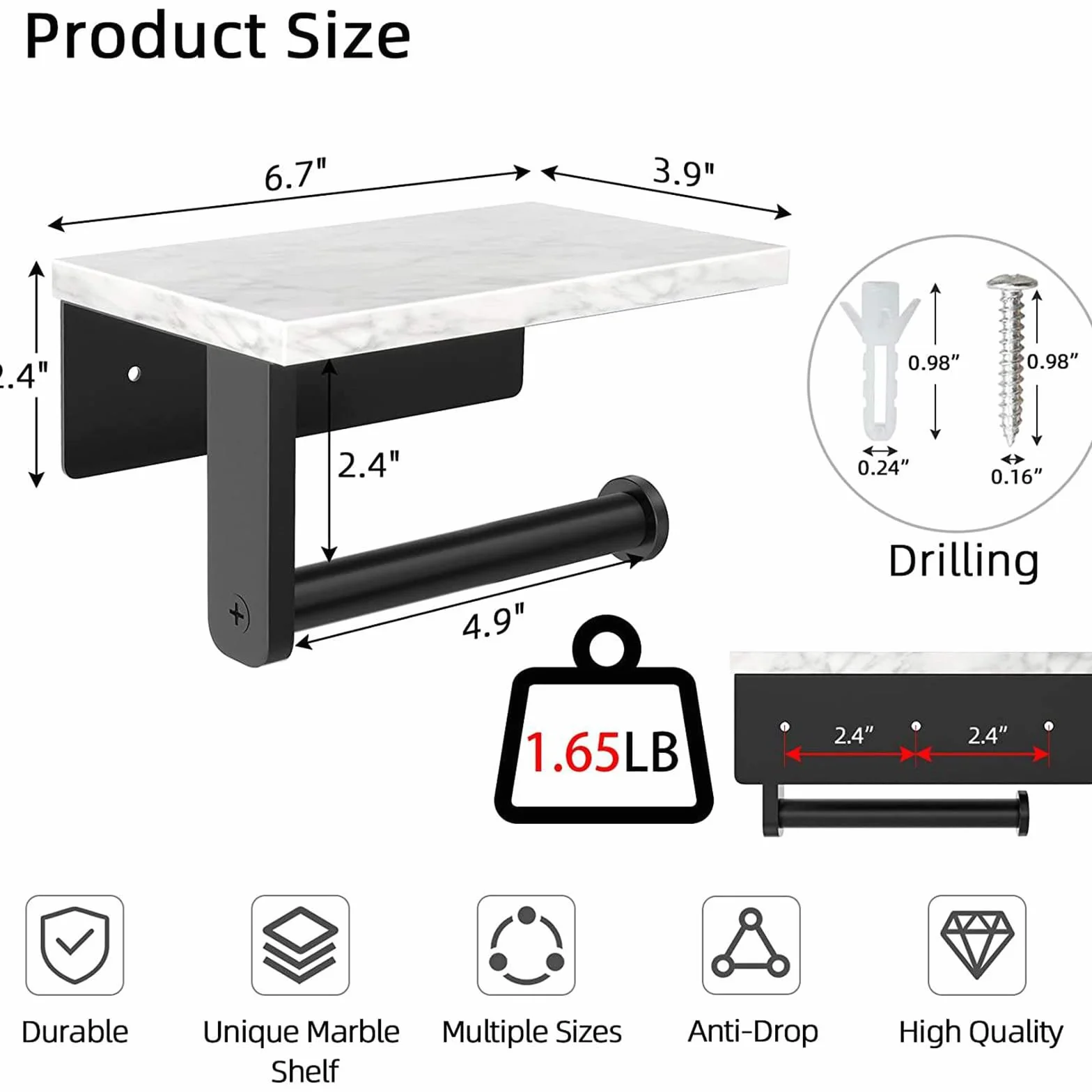Porta carta igienica in acciaio inox con ripiano in marmo 17 x 9,9 cm per bagno