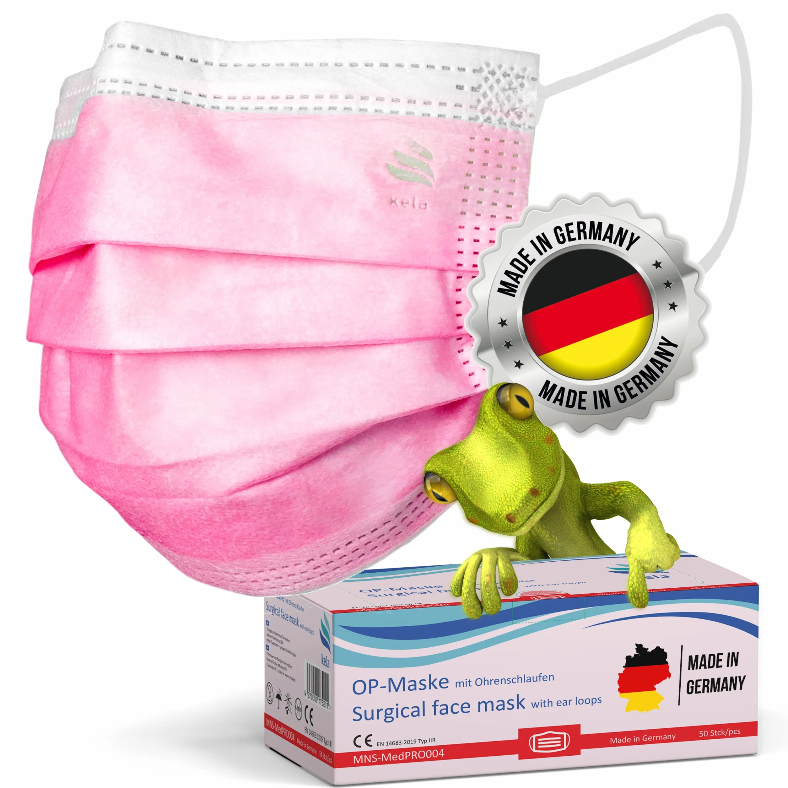 Kela Mascherine Chirurgiche Rosa IIR 50 Pezzi Certificate CE Made in Germany