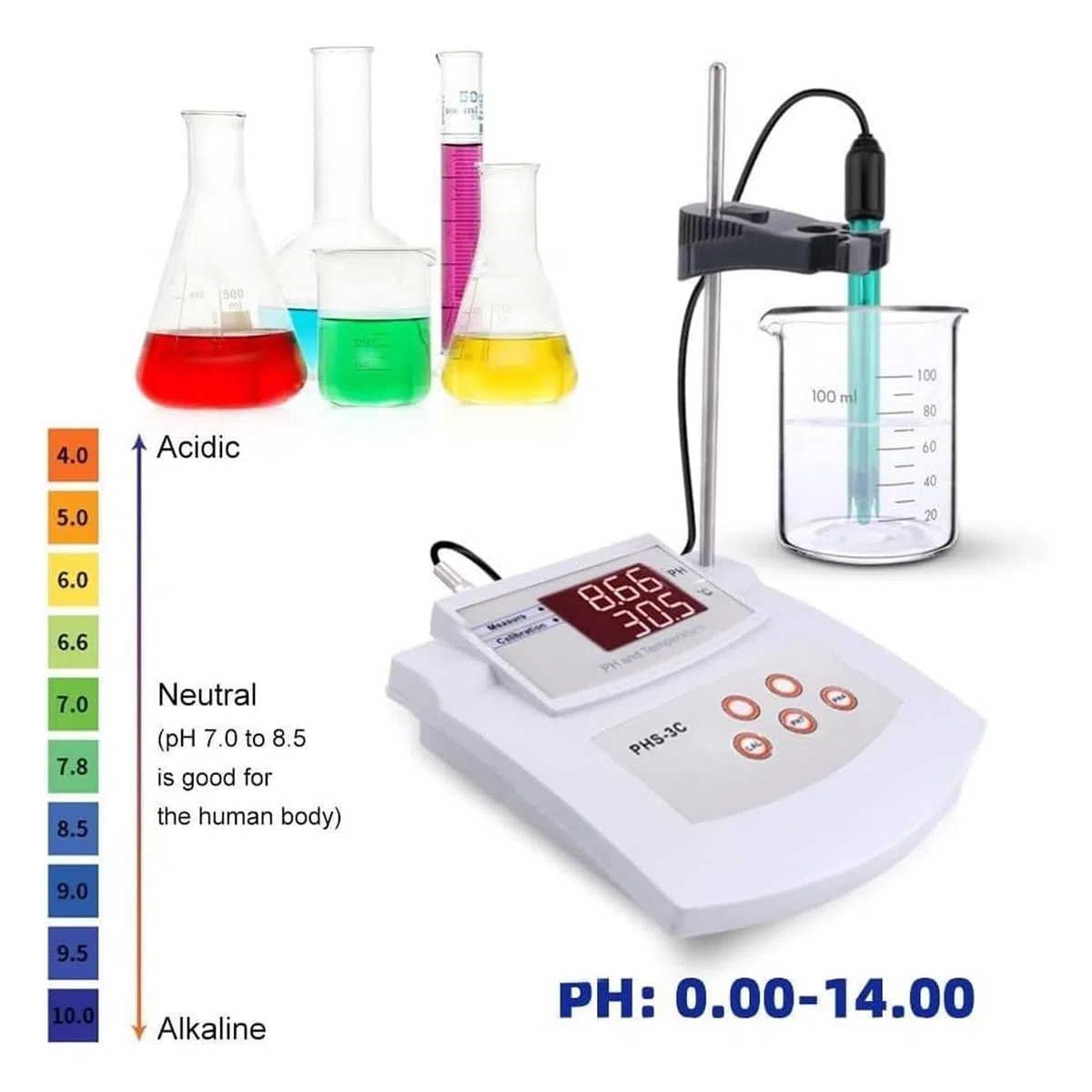 pHmetro da banco da laboratorio, misuratore di acidità ad alta precisione con calibrazione automatica, con display LCD, sonda ad alta precisione, calibrazione automatica a 2 punti, intervallo di misur