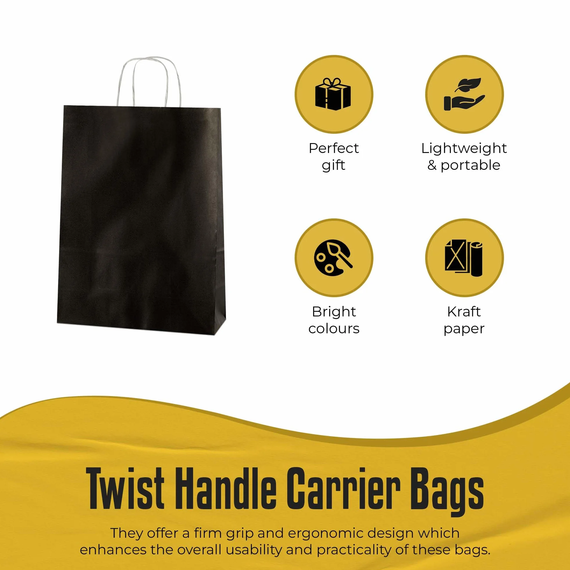 Thepaperbagstore 50 Sacchetti di Carta Colorata con Manici Intrecciati, Nero Medi 250x110x310mm
