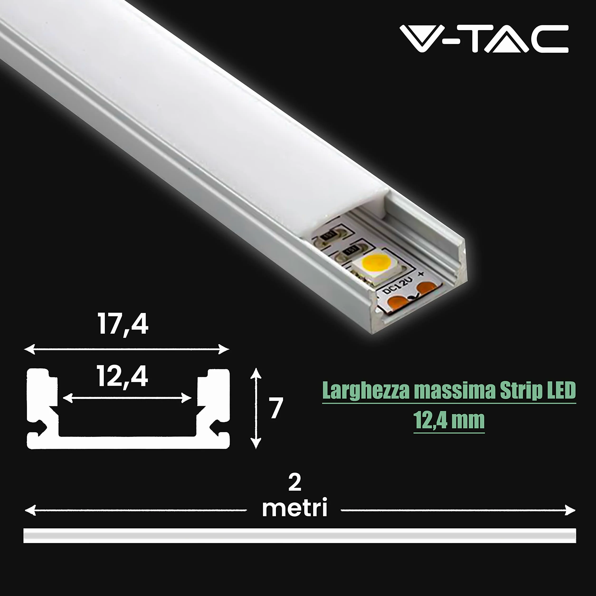 V-TAC 10x Profili per Strisce Led da 2 METRI Rettangolari in Alluminio - (20 Metri Totali) - Profili per Strisce LED Copertura Opaca - Ingombro max Striscia Led 12,4 mm - Dimensioni 17,4 x 7 mm