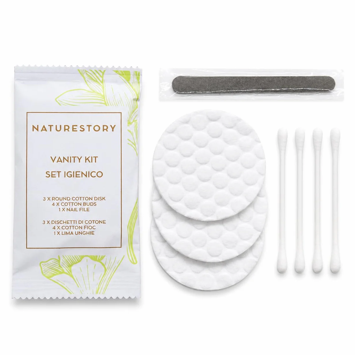 50 Vanity Kit Monouso Ospiti Hotel B&B – Set Cortesia con Dischetti Struccanti, Cotton Fioc e Lima Unghie – Kit Igiene Personale Sigillato, Elegante e Pronto all’Uso per Spa e Case Vacanza