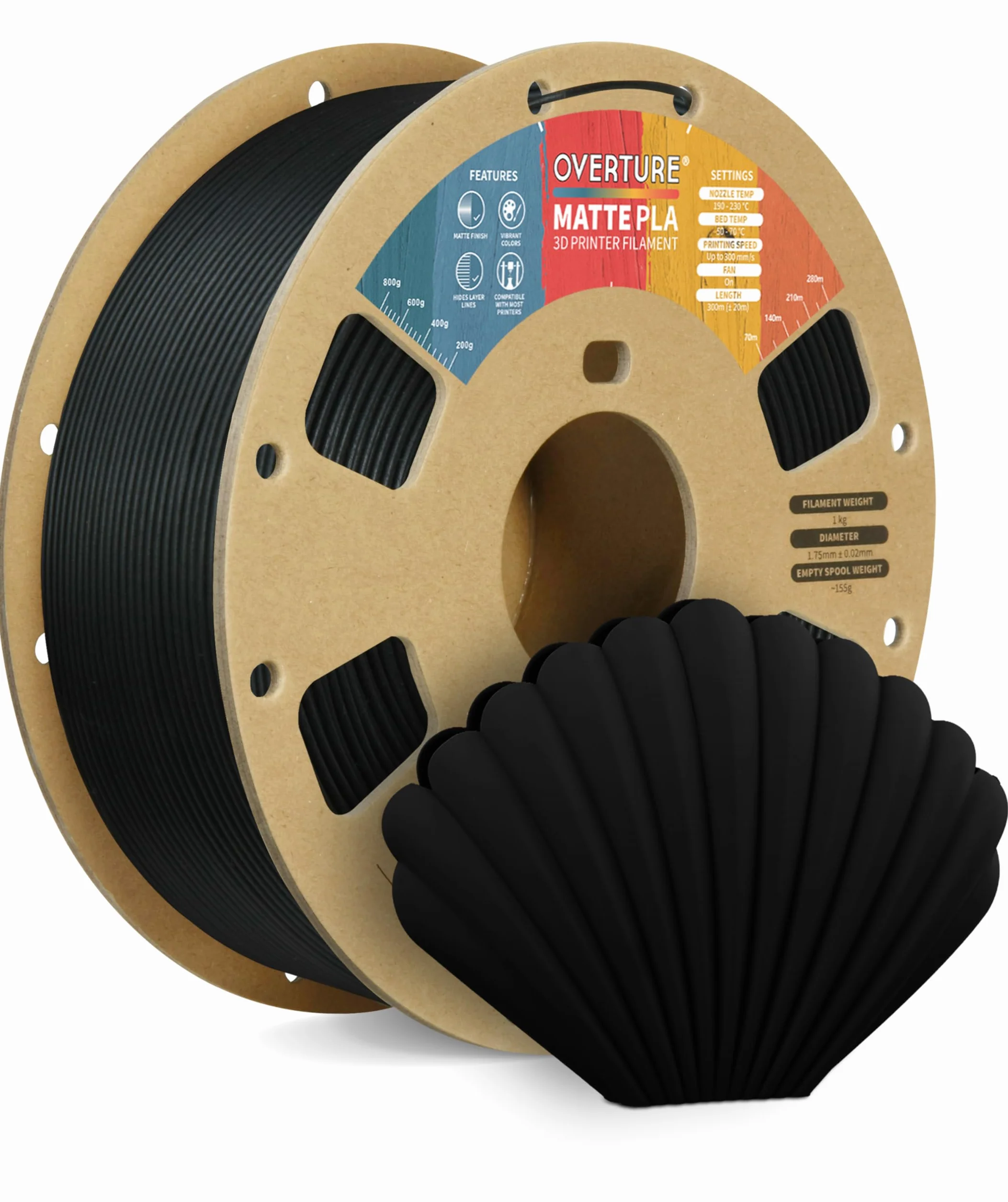 OVERTURE Matte PLA Filamento 1.75mm 1kg Bobina Nero Opaco Precisione Dimensionale +/- 0.02 mm
