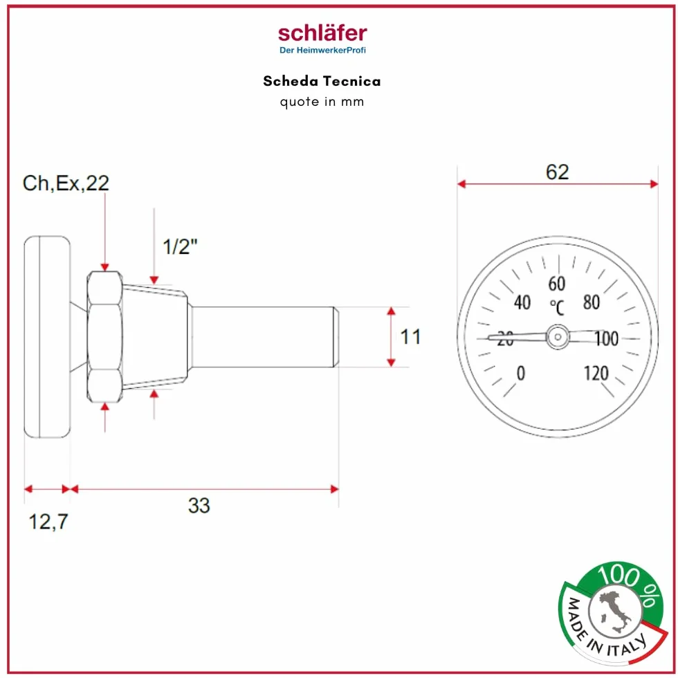 Termometro Bimetallico con Guaina Cassa inox Attacco Posteriore Assiale ad Immersione 1/2" Scala 0-120 °C Cassa 63 mm