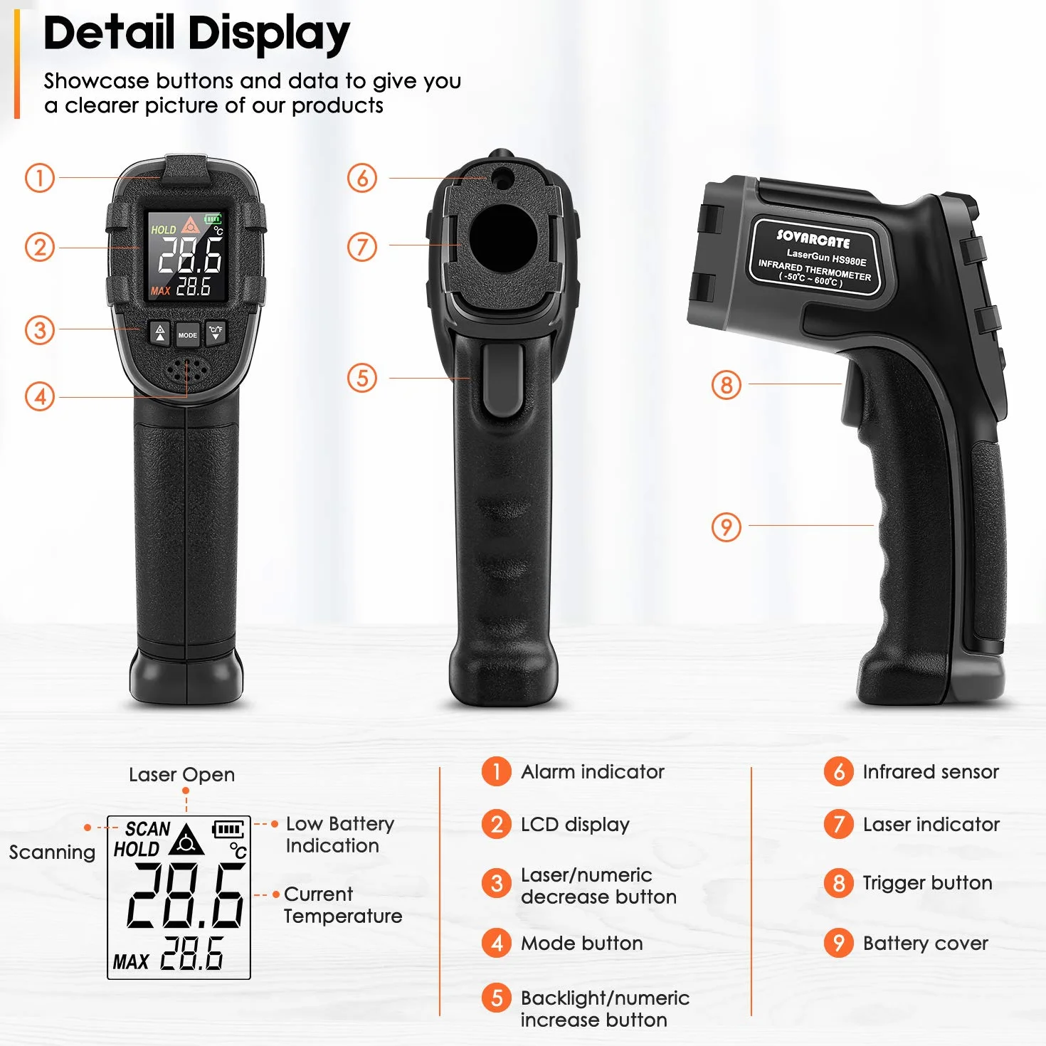 Termometro Infrarossi SOVARCATE Laser Digitale IR Temperatura Pistola -58°F~1112°F Allarme Alta e Bassa Temperatura