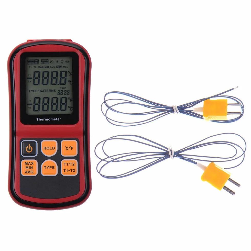 Termometro digitale Dual Channel RGBS con due termocoppie K tipo, retroilluminazione LCD per K/J/T/E/R/S/N, per industria agricoltura meteorologia