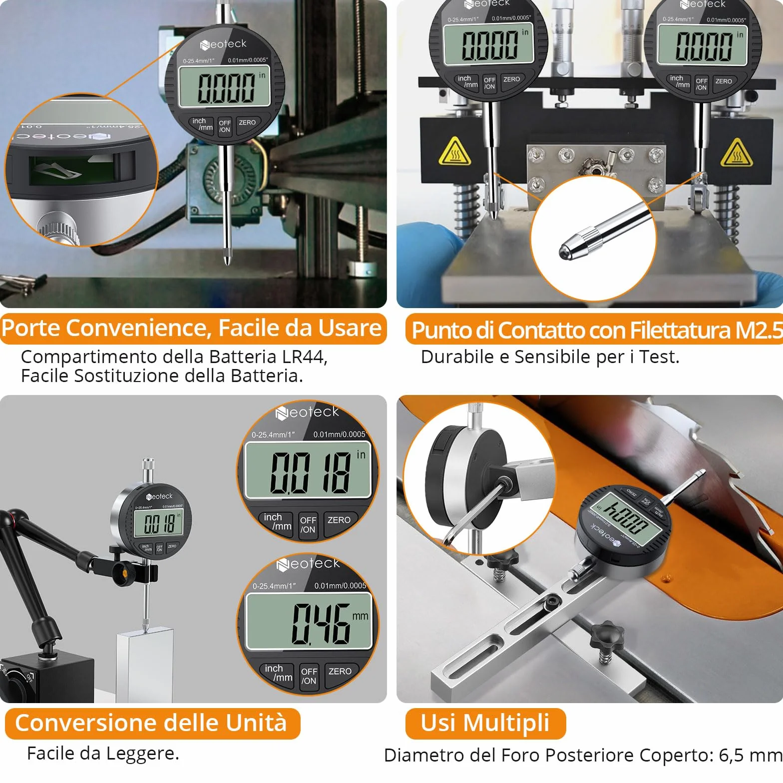Neoteck DTI LCD Compratore Centesimale Digitale 0.01/0.0005'' Indicatore Digitale Calibro di Precisione 0-25.4mm/1'' Comparatore Elettronico Pollice/Metrica Professionale con Coperchio Posteriore