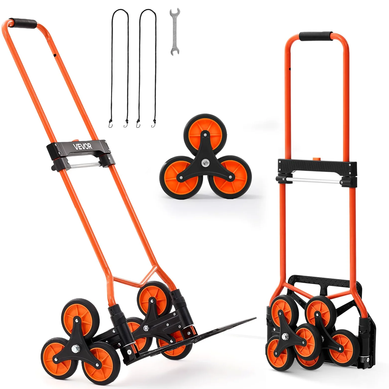 VEVOR Carrello Portapacchi per Scale Capacità di Salita Scale 54 kg, Carrello Pieghevole Portatile con Maniglia Telescopica, 6 Ruote e 2 Corde Elastiche, per Casa, Generi Alimentari, Magazzino