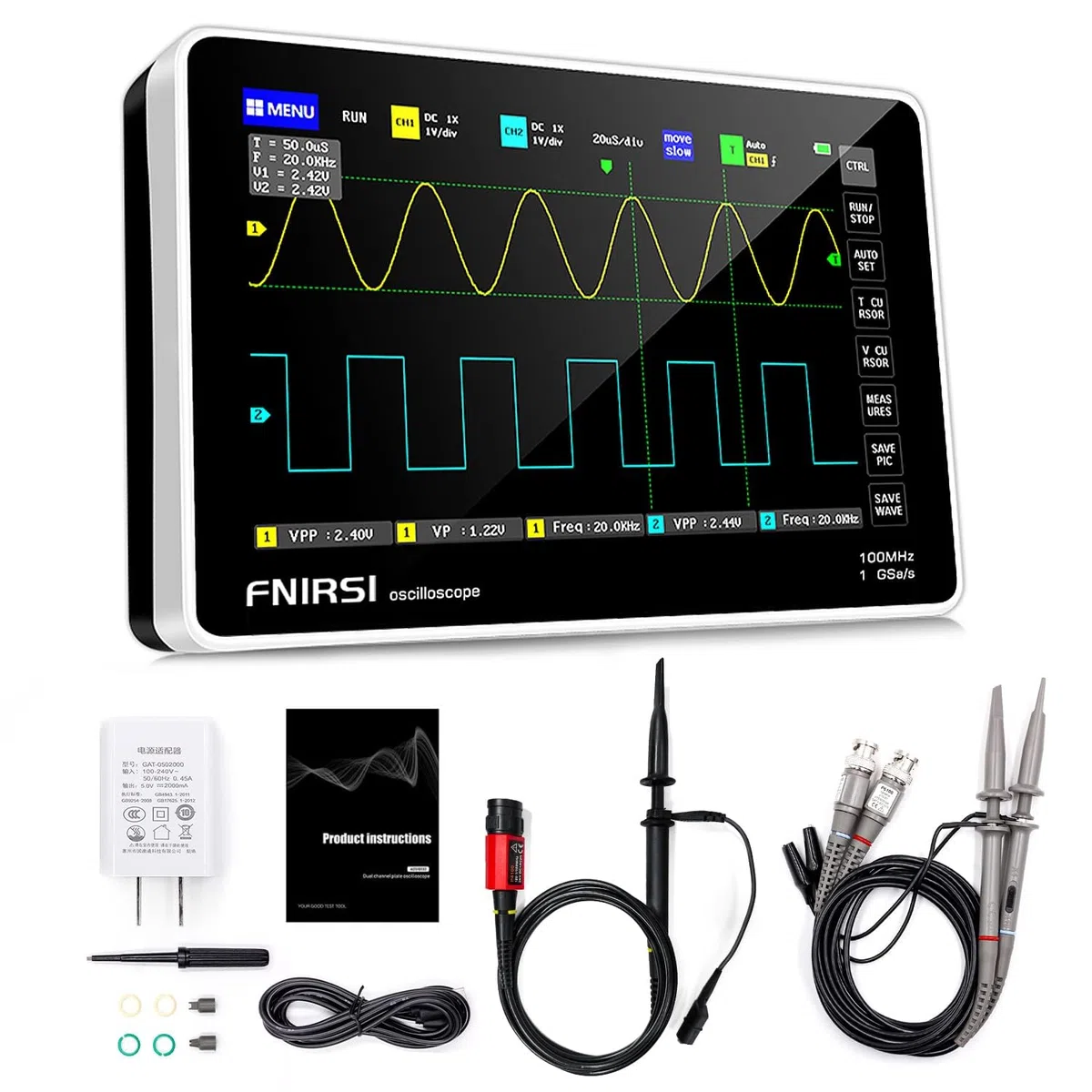 [FNRSI aggiornato 1013D Plus 100X Sonda] Oscilloscopio Tablet Digitale Portatile Oscilloscopio con 2 Canali 100Mhz Larghezza di banda 1GSa/s Frequenza di campionamento 7" TFT LCD Touch Screen 100X
