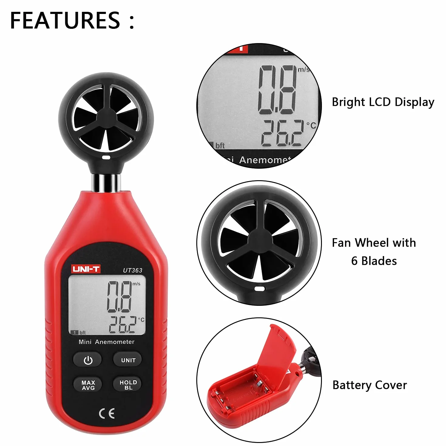 UNI-T UT363 Digitale LCD Anemometro Misuratore Velocità Vento 0-30m/s Temperatura C/F