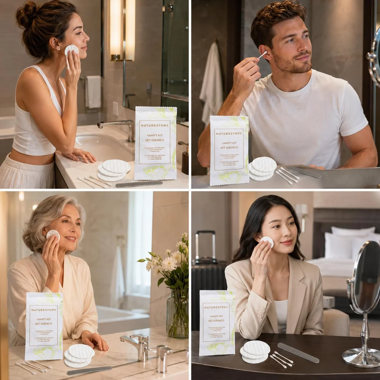 50 Vanity Kit Monouso Ospiti Hotel B&B – Set Cortesia con Dischetti Struccanti, Cotton Fioc e Lima Unghie – Kit Igiene Personale Sigillato, Elegante e Pronto all’Uso per Spa e Case Vacanza