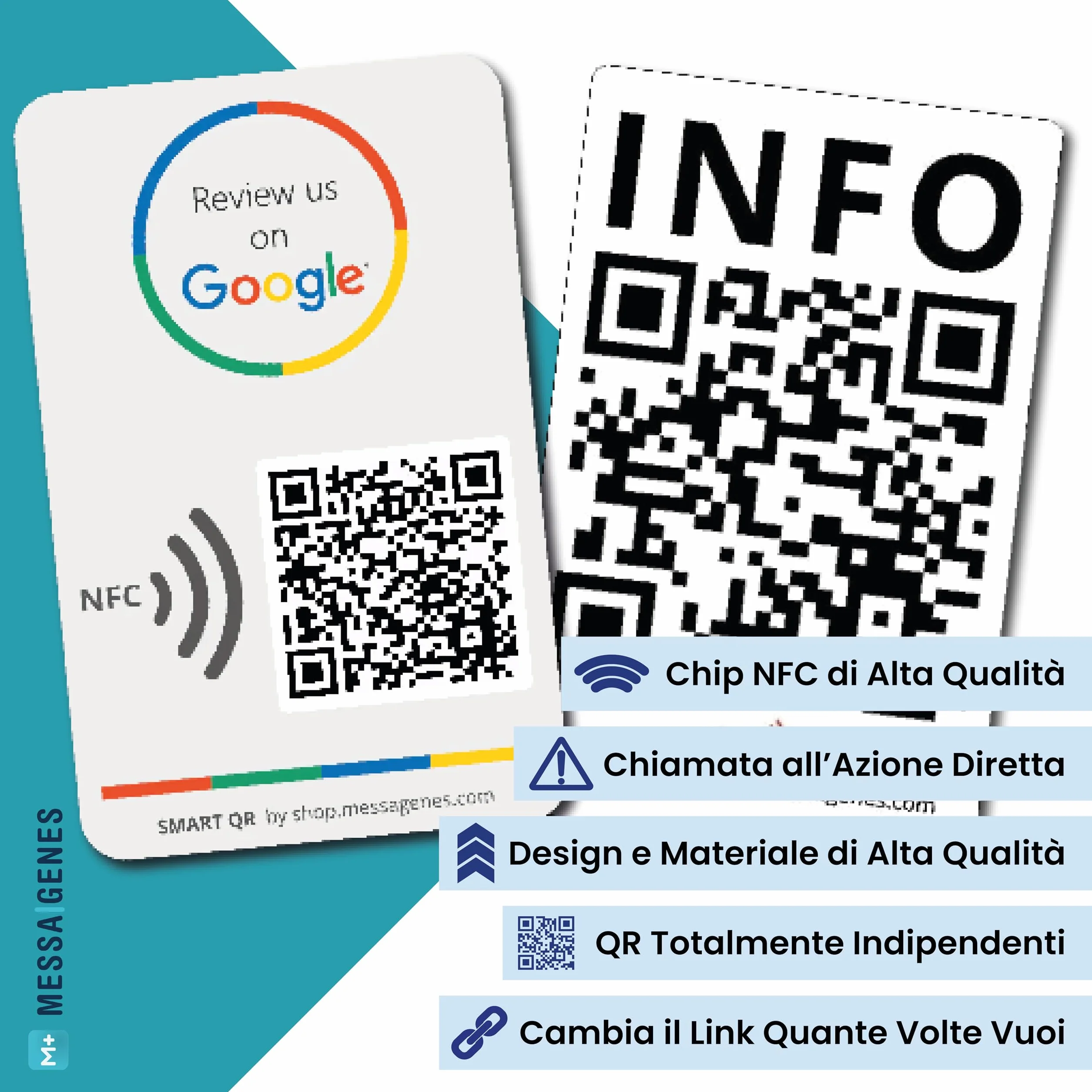 Carta Riutilizzabile per Recensioni - 2-Pack Carta QR Tap NFC - Recensisci per Tap Card + Menu, Web - iPhone e Android - Aumenta le mie Recensioni - Configurazione a Casa | MESSAGENES