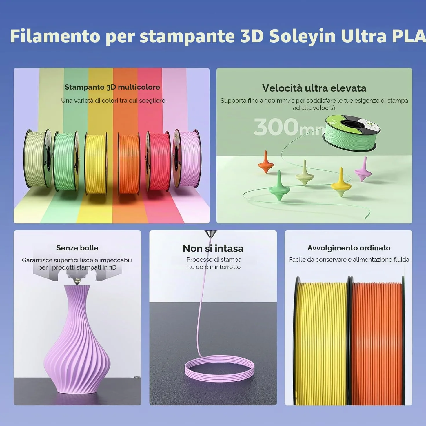 SOLEYIN Ultra PLA Filamento 1,75 mm 2 kg per Stampante 3D, precisione dimensionale +/- 0,02 mm