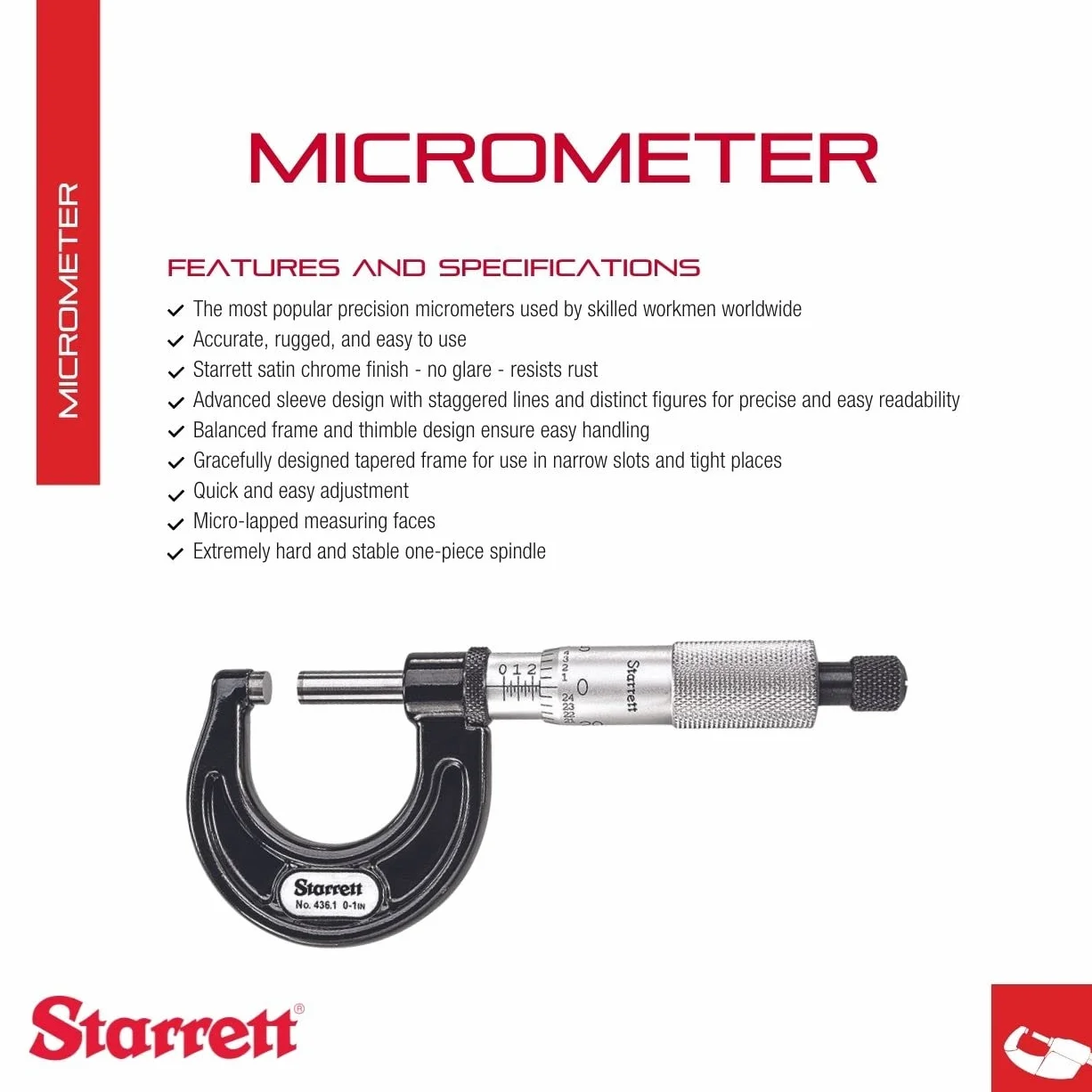 Starrett 436.1XRL-1 Micrometro per esterni, misure imperiali 0,001"