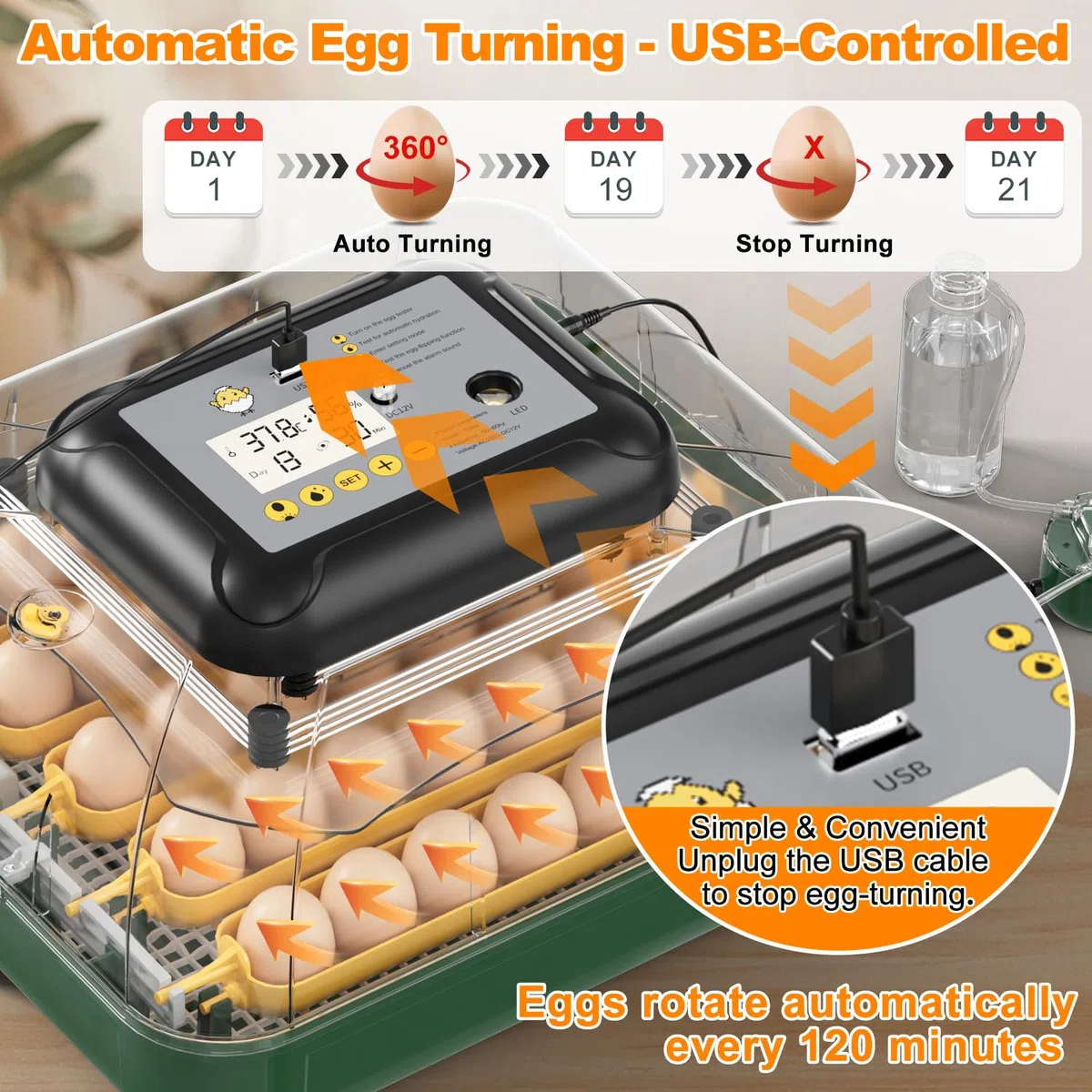2026 Incubatrice per uova da cova con rotazione automatica delle uova, 63 incubatrice di pollo, Display di temperatura e umidità, giorno della schiusa, Candele per uova, Ricarica automatica dell'acqua