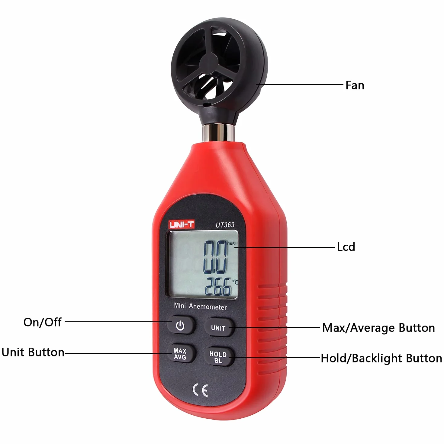 UNI-T UT363 Digitale LCD Anemometro Misuratore Velocità Vento 0-30m/s Temperatura C/F