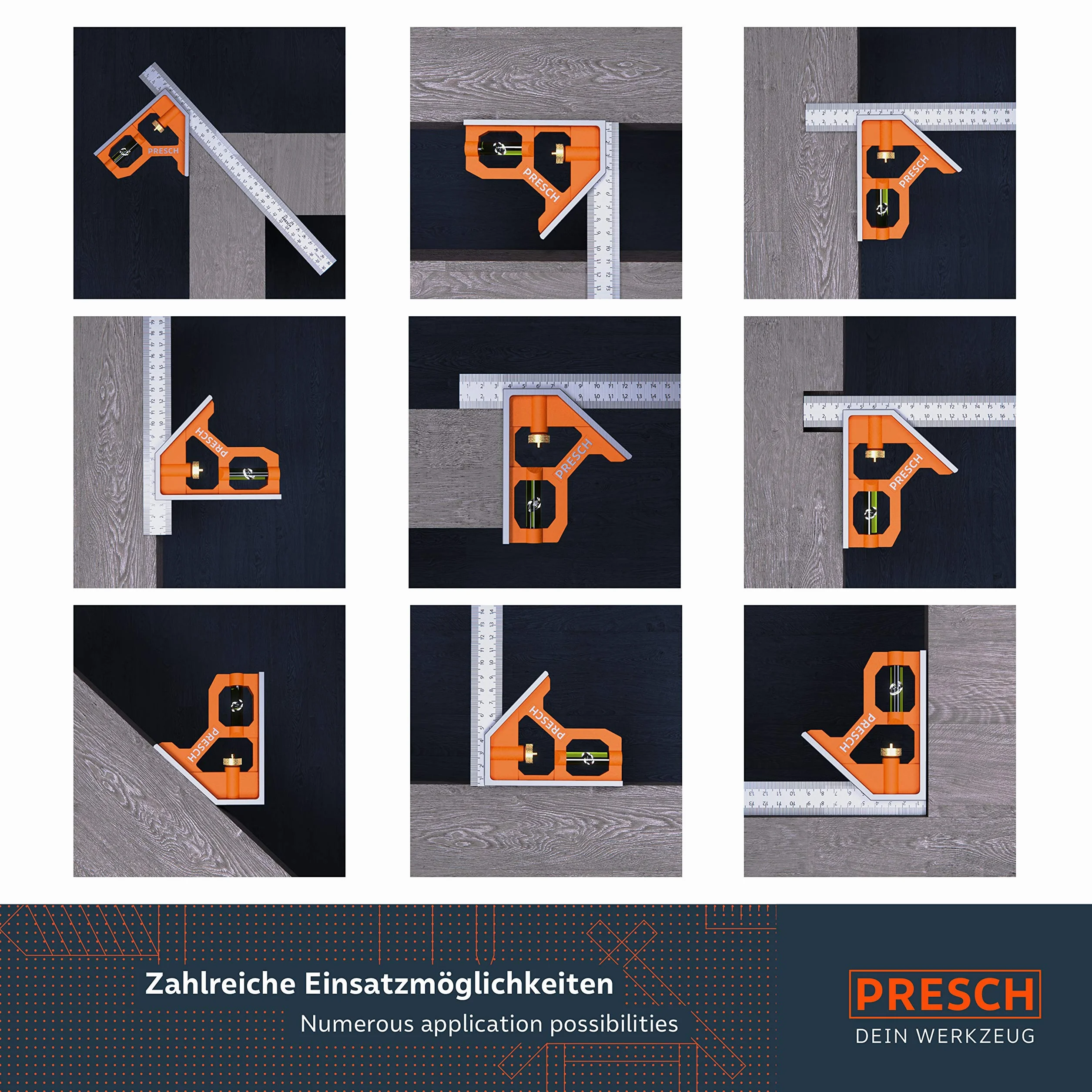 Presch Squadra Combinata 300mm - Metrica - Squadra Universale da Falegname Precisa e Maneggevole, in Metallo, con Riga di Riscontro e Tracciatore - Strumento di Misura Professionale