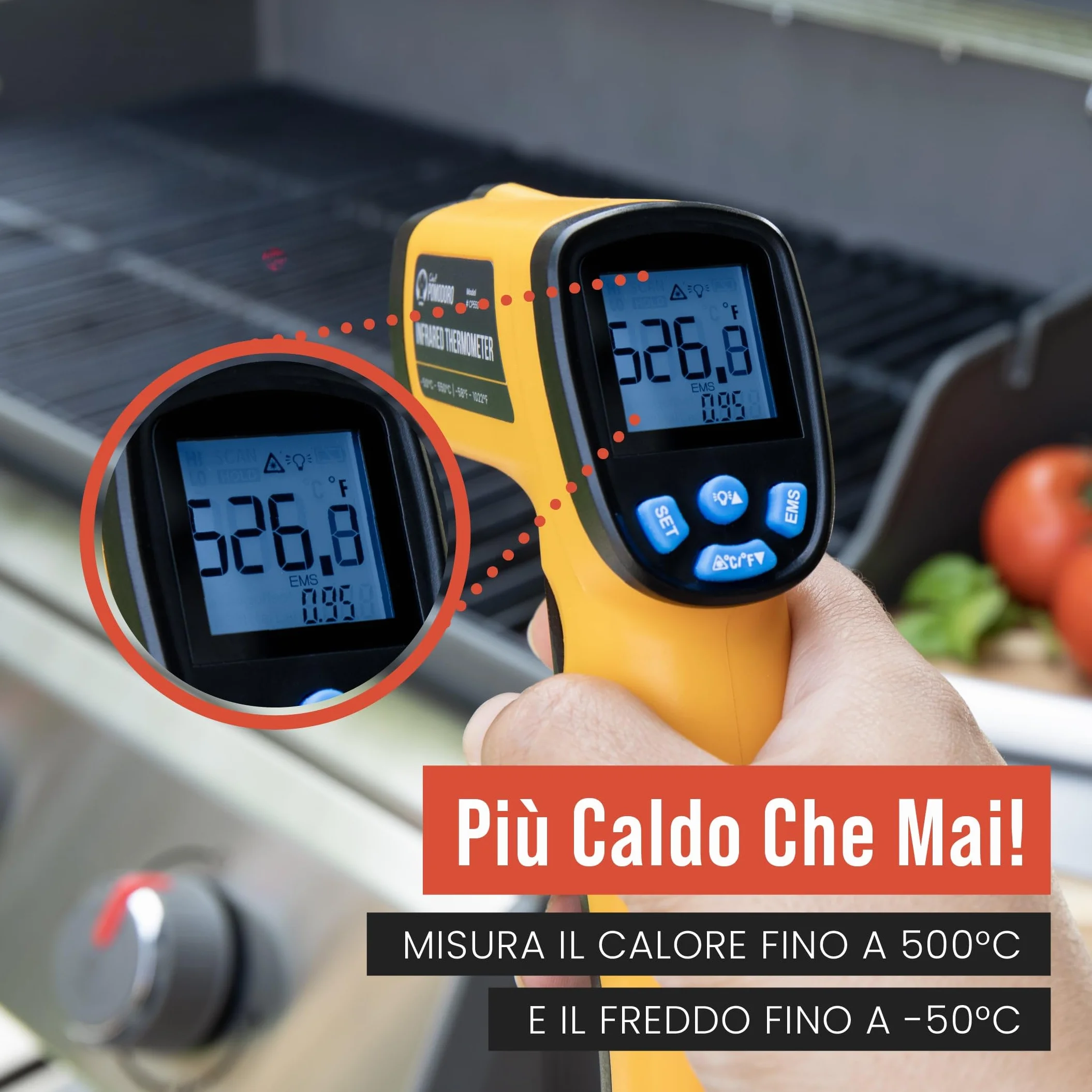 Chef Pomodoro Termometro Infrarossi da Cucina, Termometro Laser Senza Contatto -50°C a 550°C