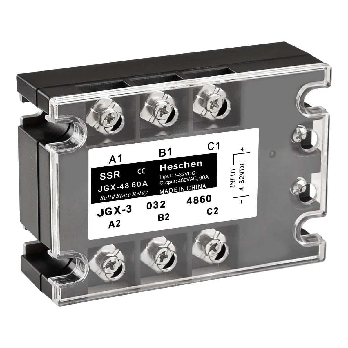 Heschen Relè a stato solido trifase CC/CA, JGX-48 60 A, controllo 3,5-32 V CC, carico 480 V CA 60 A, corrente di dispersione 2 mA, per controllo riscaldamento elettrico, controllo motore