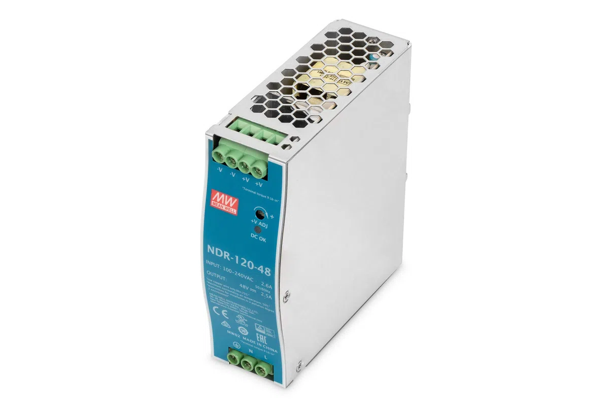 DIGITUS Alimentatore di rete industriale – Montaggio su guida DIN – Output 48 V DC / 2,5 A / 120 W – Input 100 – 240 VAC – Alloggiamento in metallo