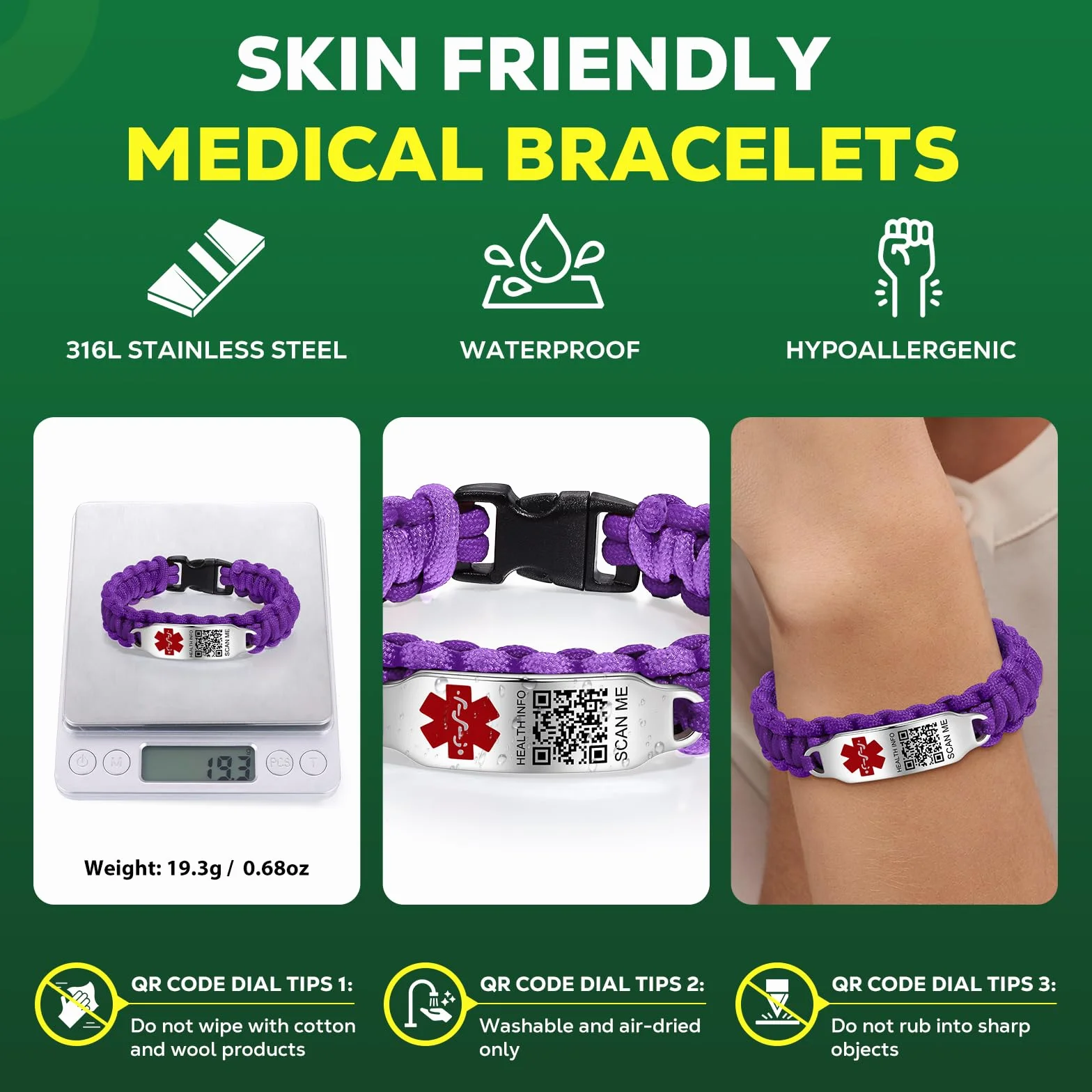 Bracciale medico migliorato da uomo e donna con codice QR, acciaio al titanio, per polsi fino a 20,3-25,4 cm, più spazio per personalizzazione (versione in lingua italiana non garantita)