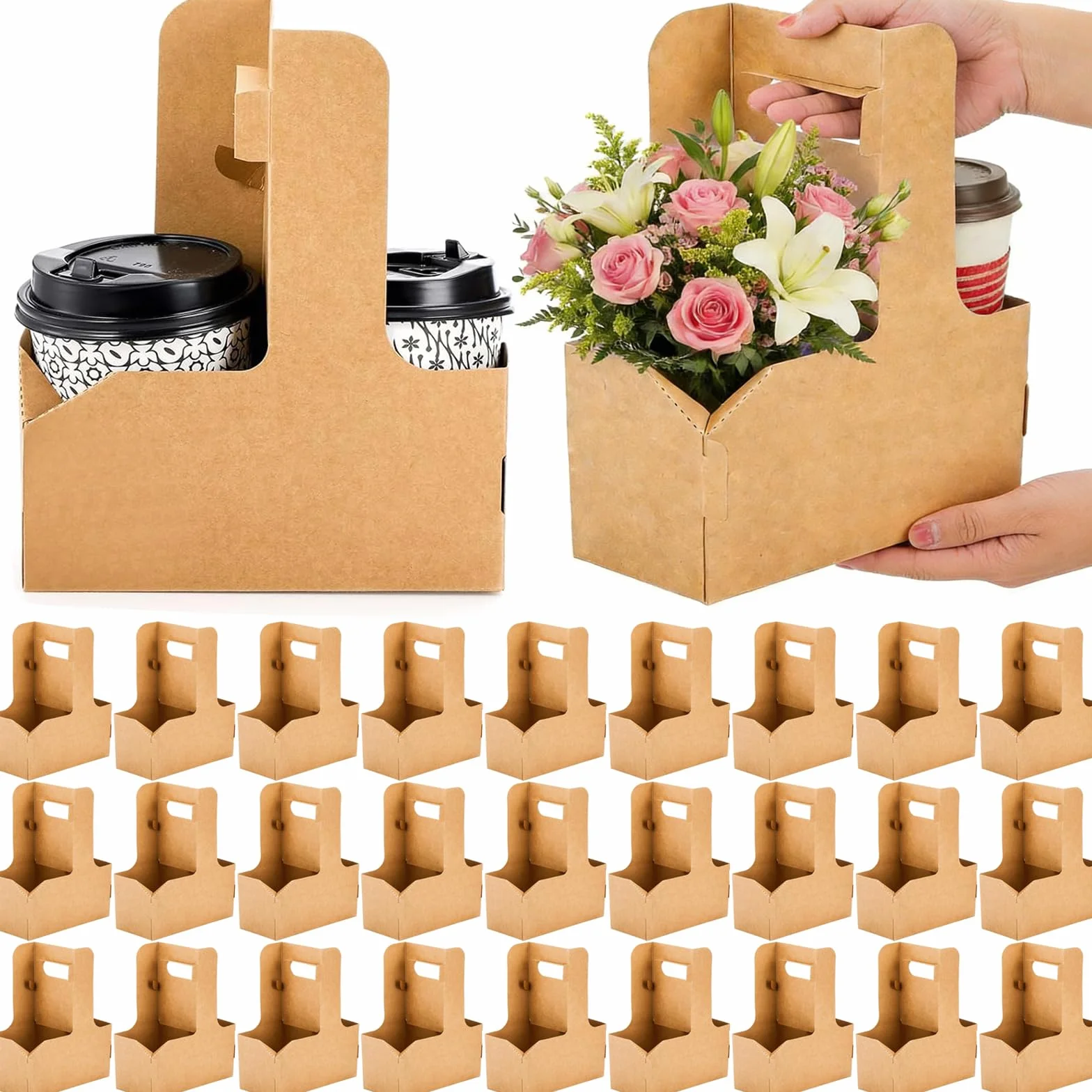 Portabicchieri in Carta Kraft 50 Pezzi 2 Tazze con Manico Portatile per Caffè Bevande San Valentino