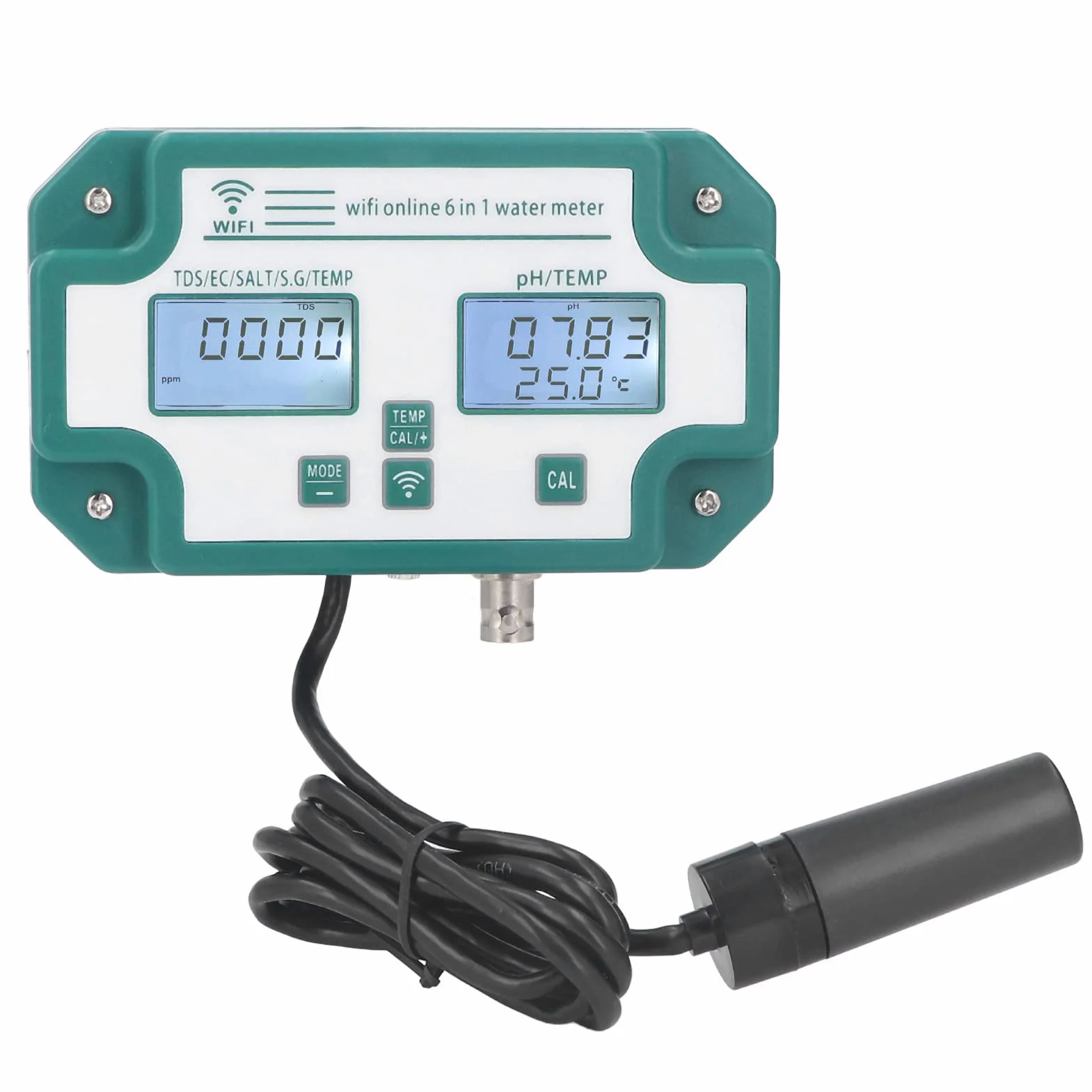Misuratore di Qualità Dell'acqua Ad Alta Precisione 6 in 1 PH TDS EC SG Tester di Temperatura del Sale Connessione WiFi Rilevatore di Qualità Dell'acqua per Acqua Potabile(Spina UE)