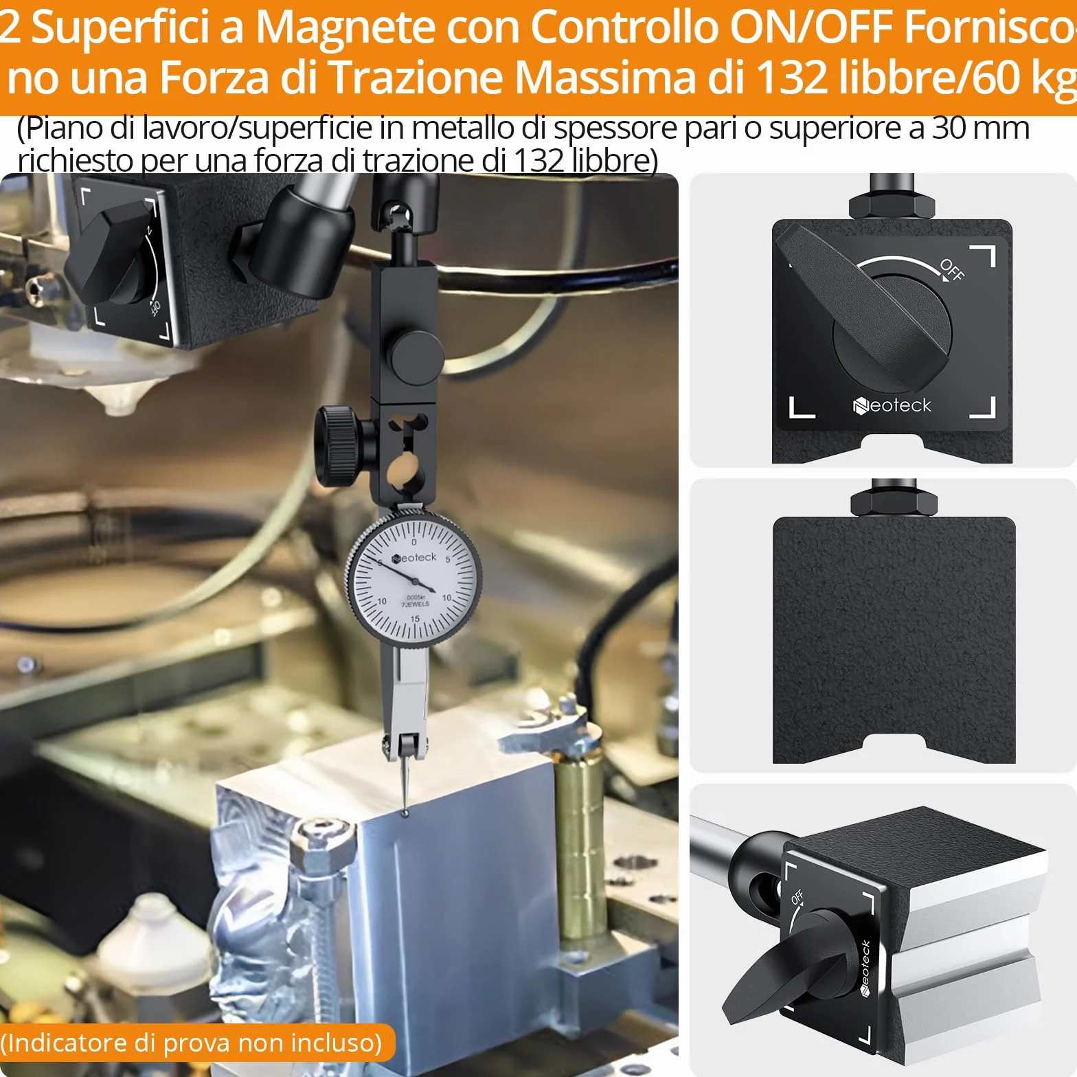 Neoteck Base Magnetica per Comparator 132lbs/60 kg con 8mm Foro per Indicator Magnetico Base Supporto Del Basamento 3 Braccio Regolabili con ON/OFF Interruttore per Indicatore di Comparatore