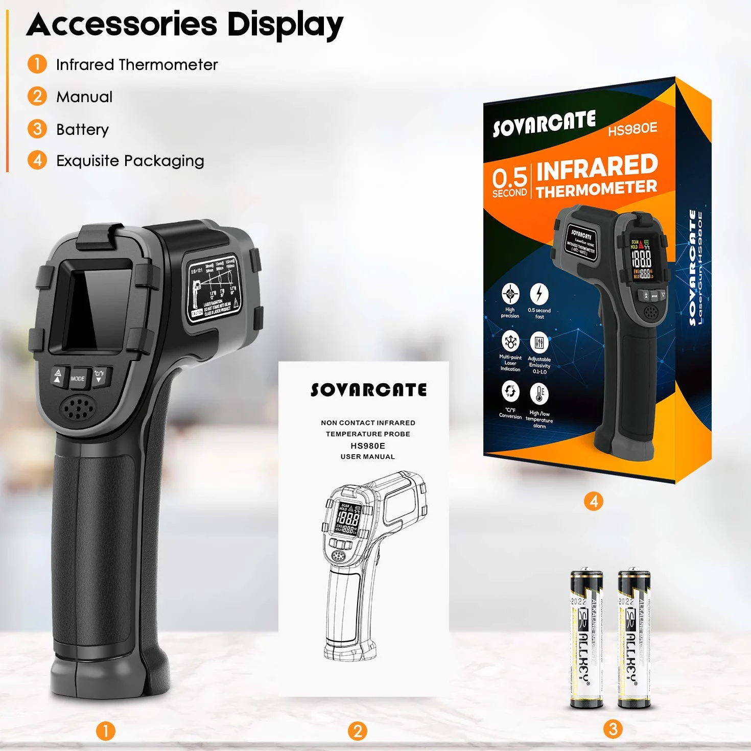 Termometro Infrarossi SOVARCATE Laser Digitale IR Temperatura Pistola -58°F~1112°F Allarme Alta e Bassa Temperatura