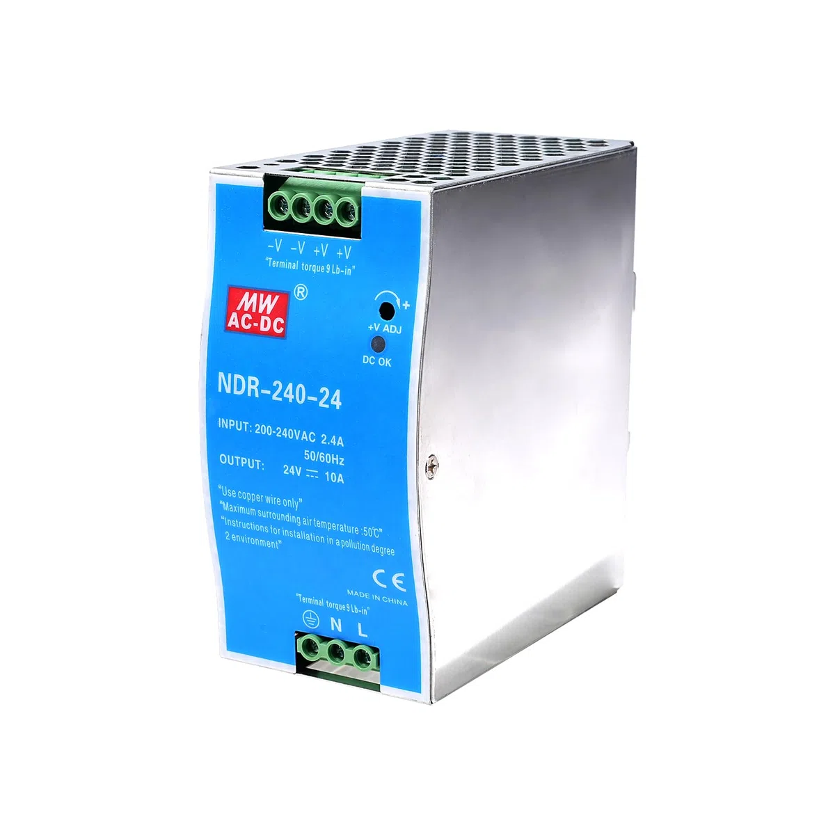 Alimentatore 24V 10A da guida DIN 240W Alimentatore switching da guida DIN Ingresso AC 100-220V 2,4A Uscita DC 24V 10A Funzioni di protezione multiple Modello industriale NDR-240W-24V.