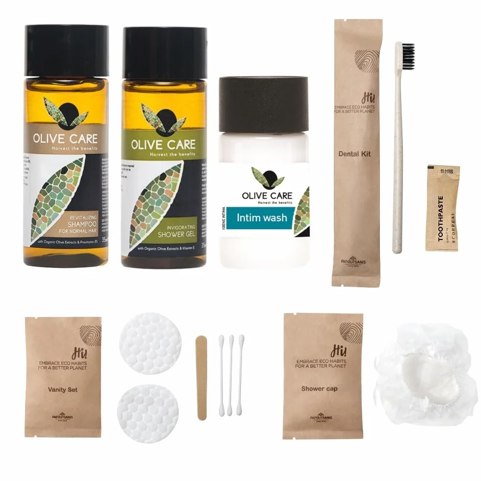 Set cortesia bagno all'olio di oliva completo di shampoo, bagnoschiuma, igiene intima, set spazzolino e dentifricio, cuffia doccia, set cosmetico. Confezioni da 10, 100 o 200 Kit cortesia bnb (10)