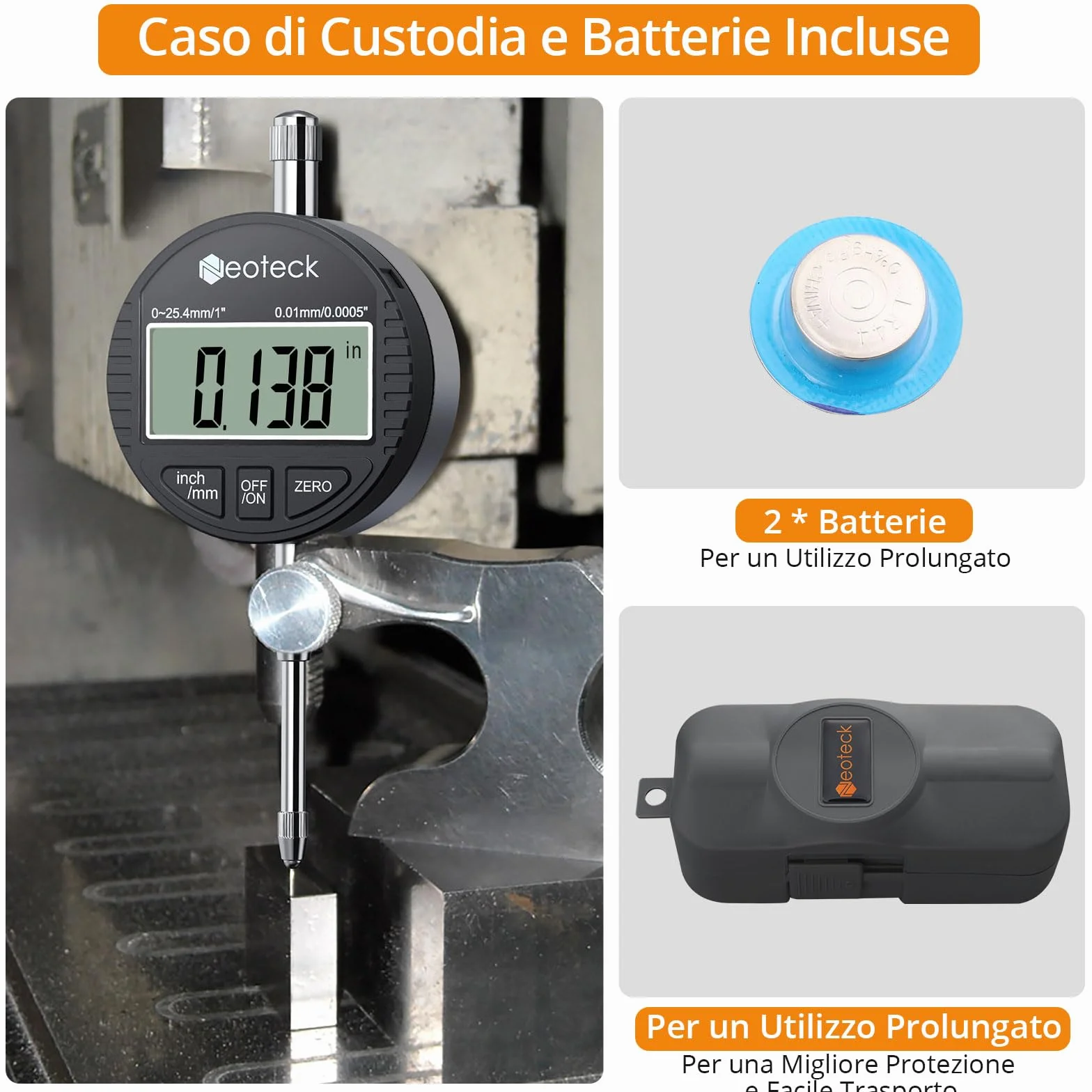 Neoteck DTI LCD Compratore Centesimale Digitale 0.01/0.0005'' Indicatore Digitale Calibro di Precisione 0-25.4mm/1'' Comparatore Elettronico Pollice/Metrica Professionale con Coperchio Posteriore