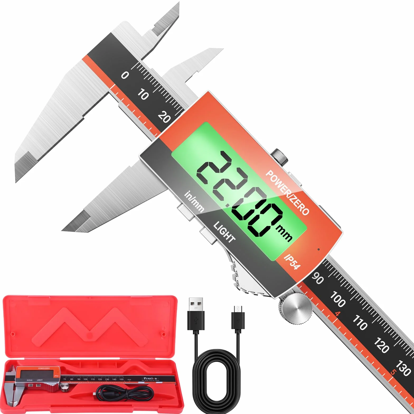 Preciva Calibro Digitale, Precisione Micrometro in Acciaio Inox con LCD Schermo Grande, Calibro Analogico Ricaricabile per Misurzione Esterna, Interna, Profondità e di Passo