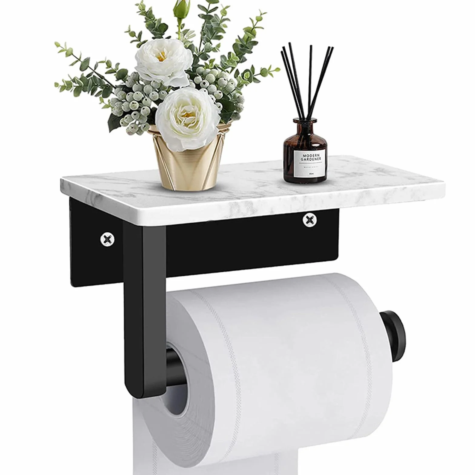 Porta carta igienica in acciaio inox con ripiano in marmo 17 x 9,9 cm per bagno